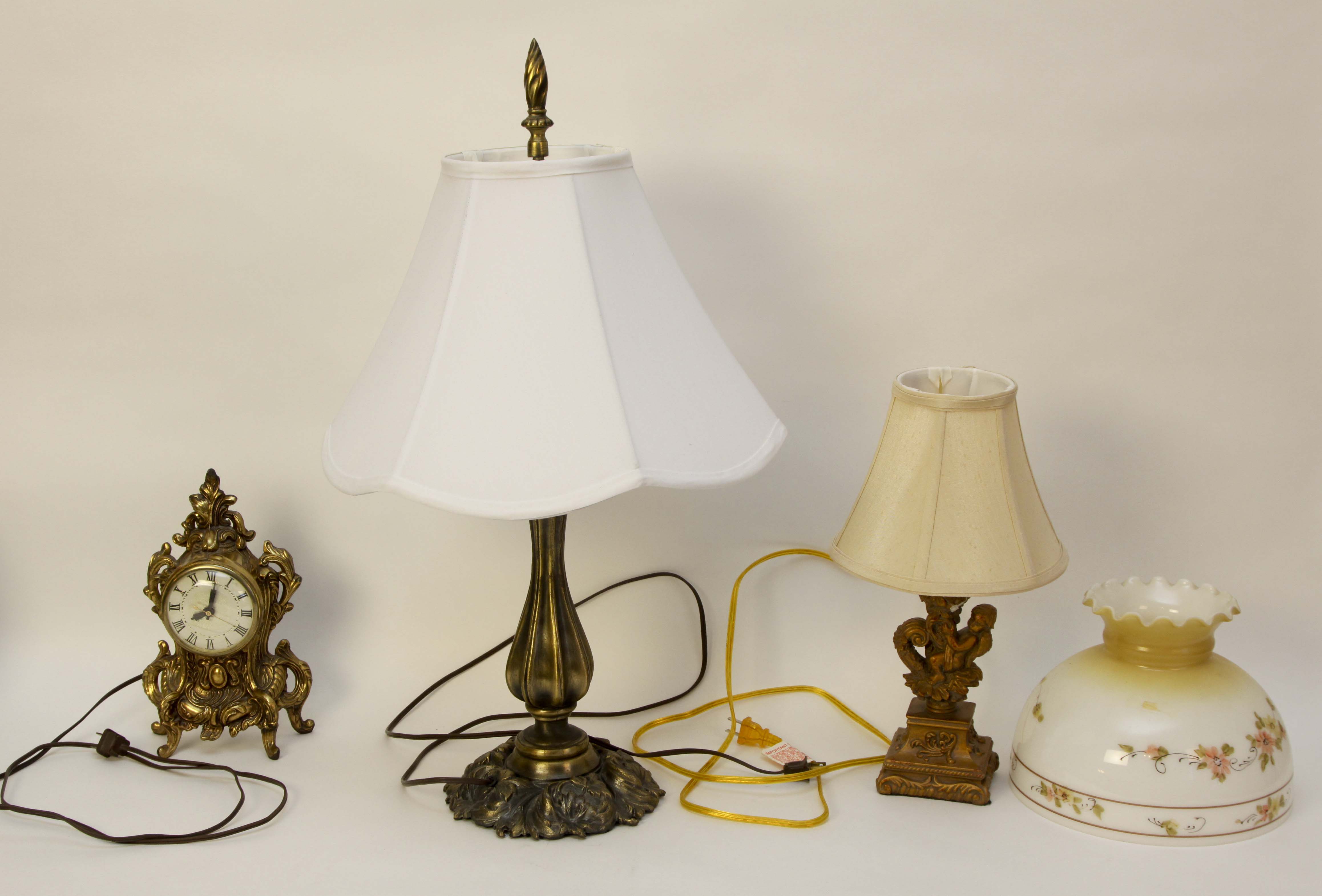 Pair of Table Lamps, Shelf Clock and Vintage Shade