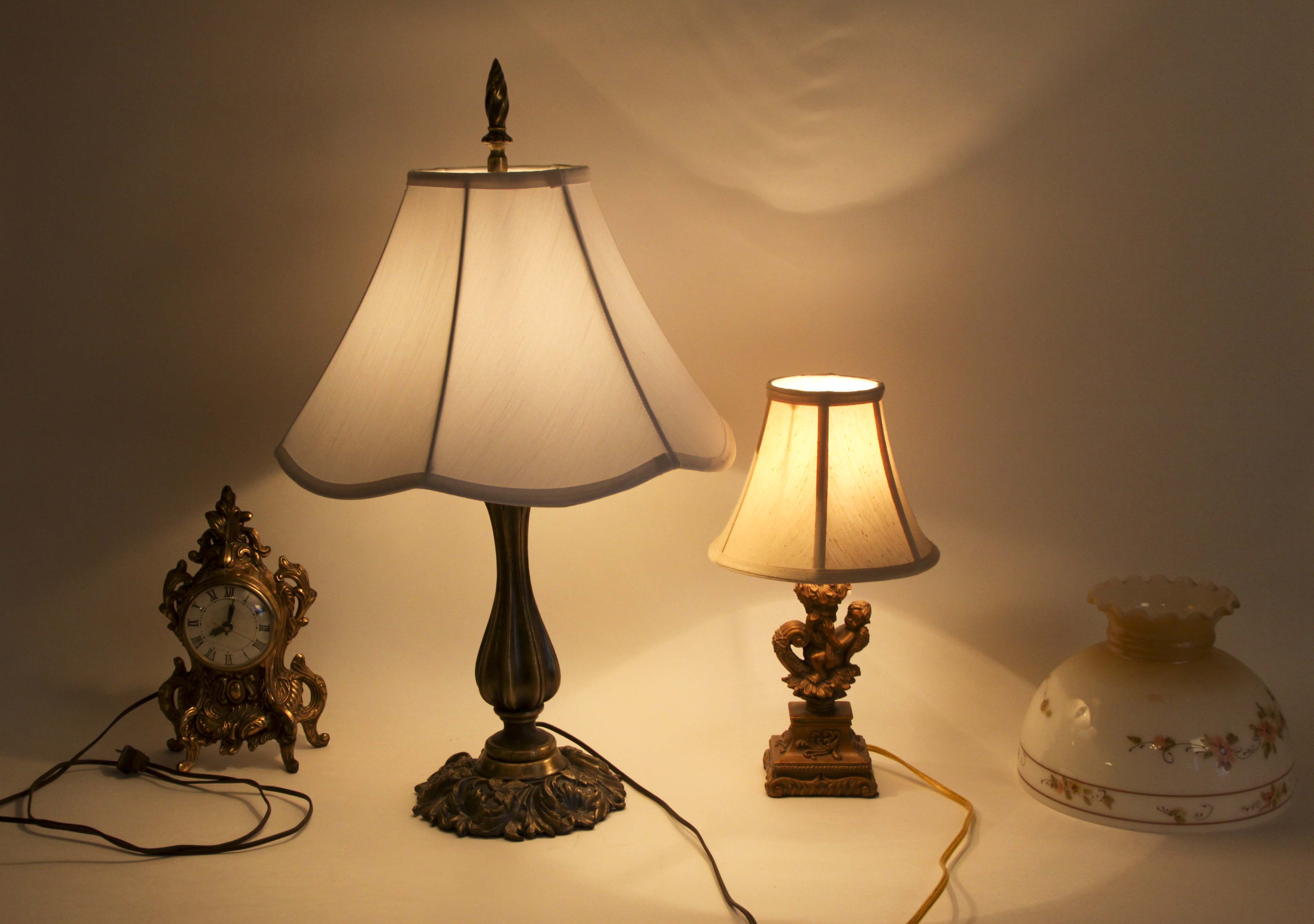 Pair of Table Lamps, Shelf Clock and Vintage Shade
