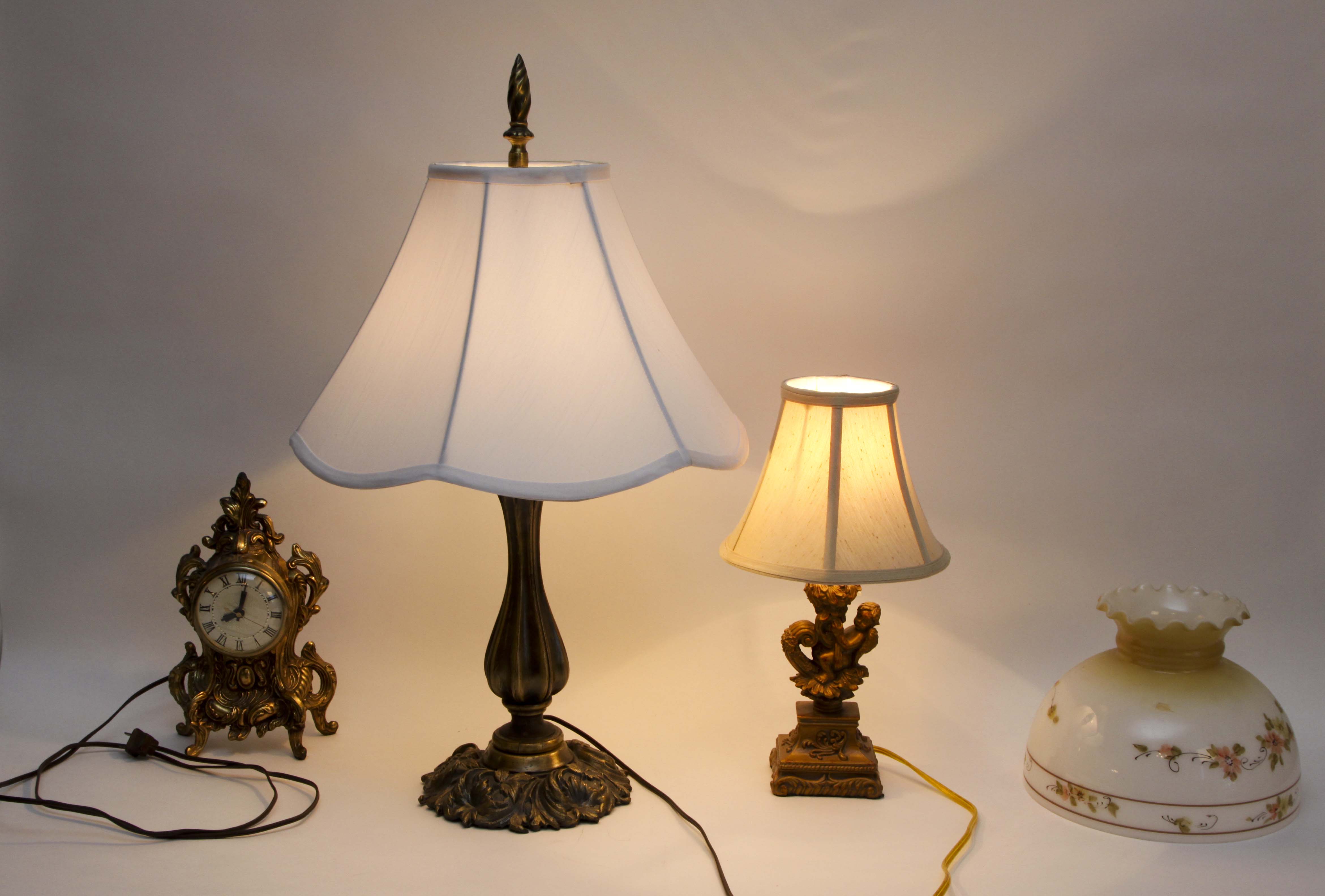 Pair of Table Lamps, Shelf Clock and Vintage Shade