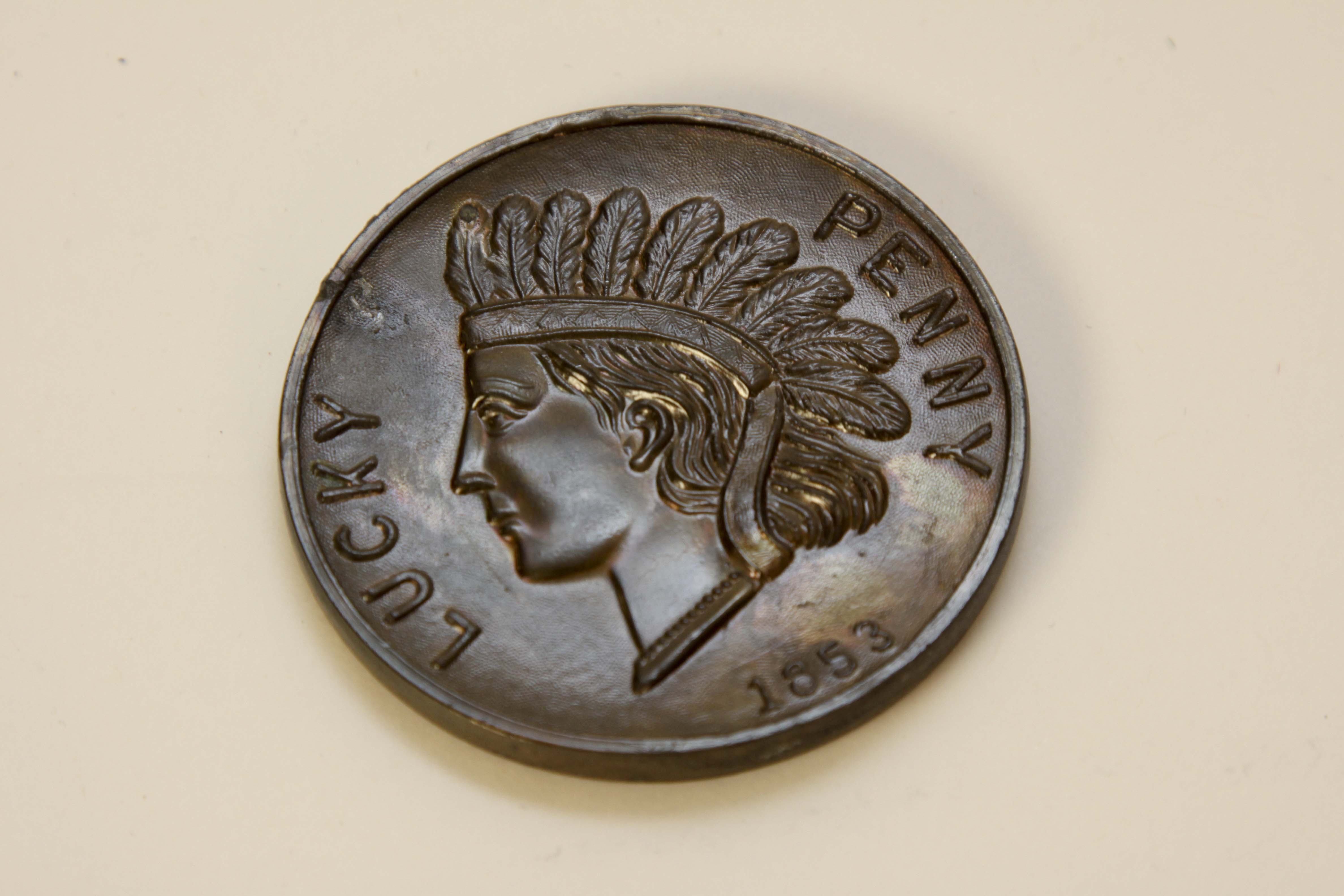 Antique 1853 Bronze 'Lucky Penny' Paperweight Crane & Breed Co.