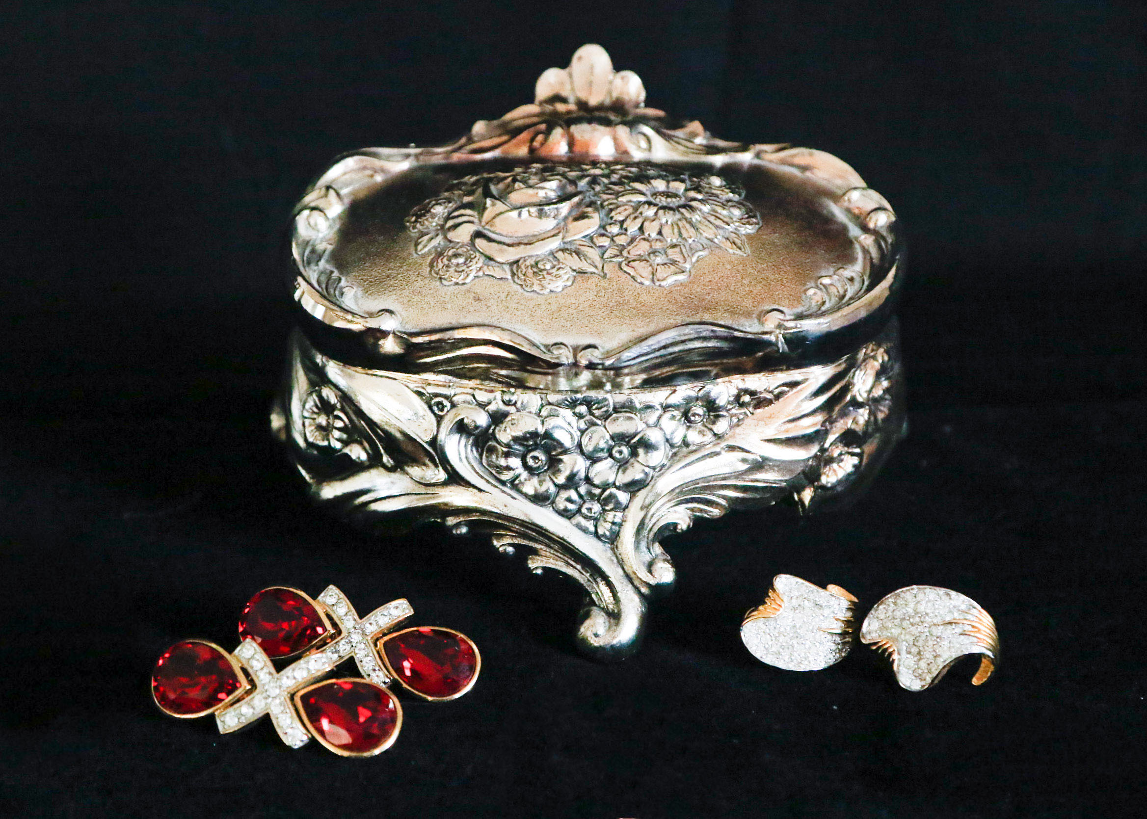 Jomaz & Les Bernard Costume Earrings with Silver Plate Heart Box