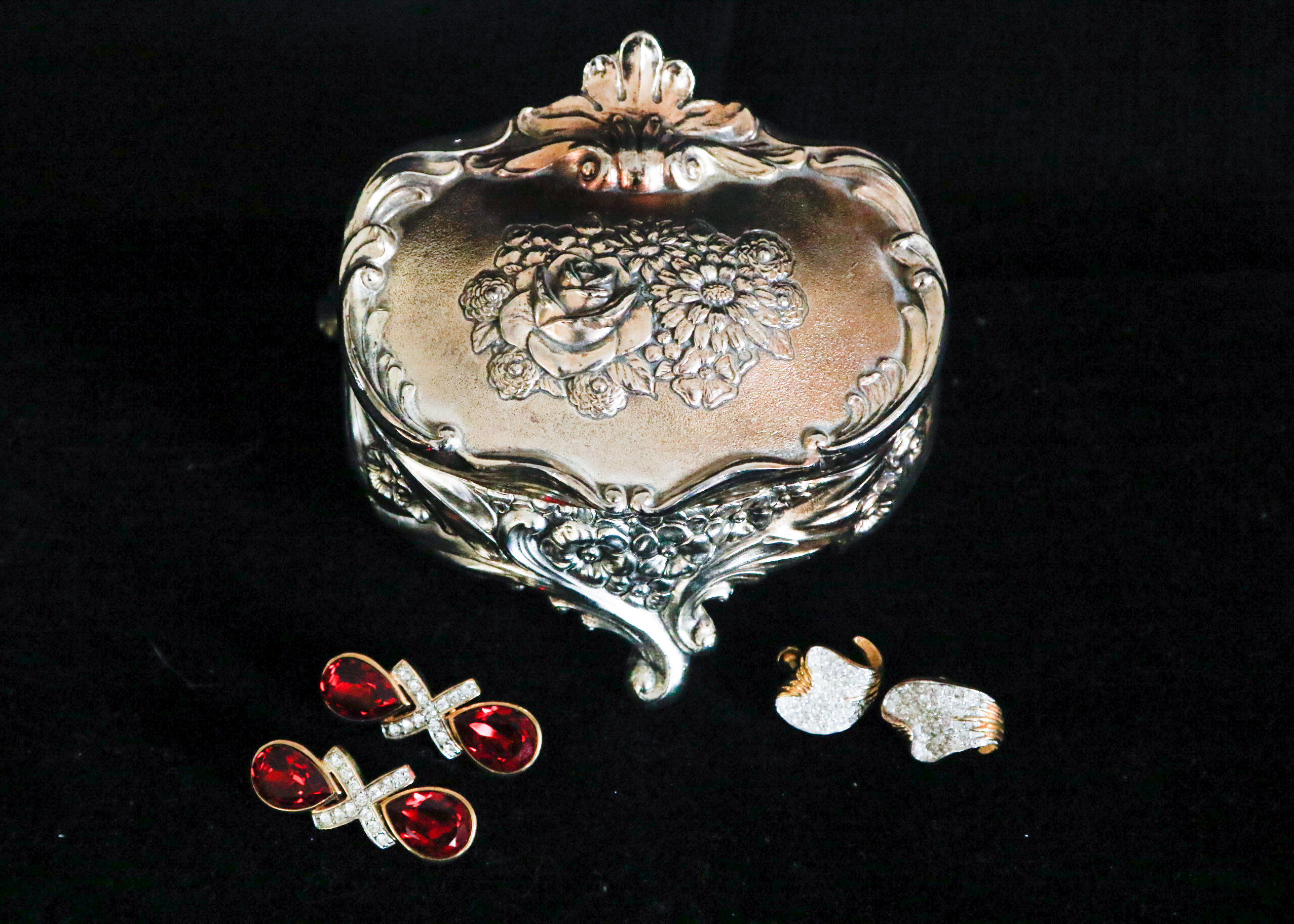 Jomaz & Les Bernard Costume Earrings with Silver Plate Heart Box