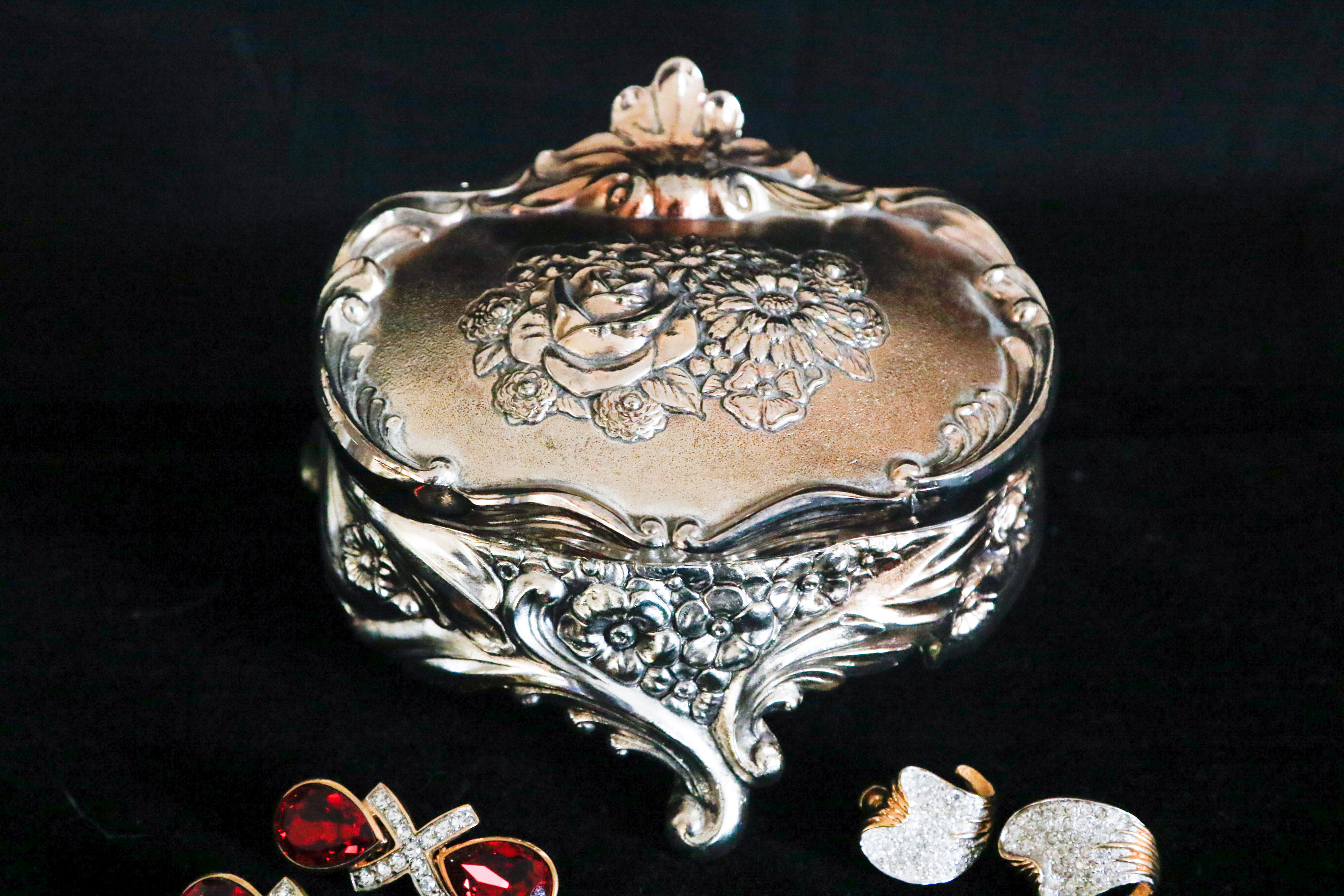 Jomaz & Les Bernard Costume Earrings with Silver Plate Heart Box