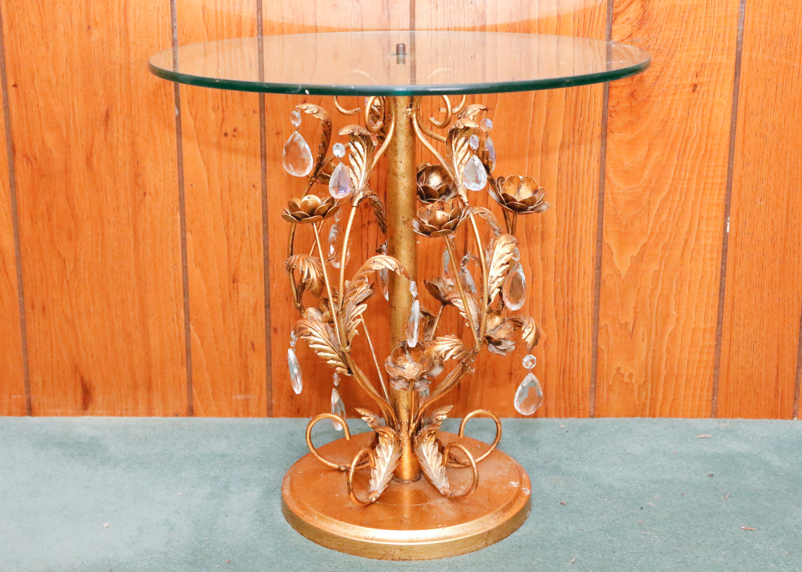 Gold Tone Foliate Occasional Table with Round Glass Top