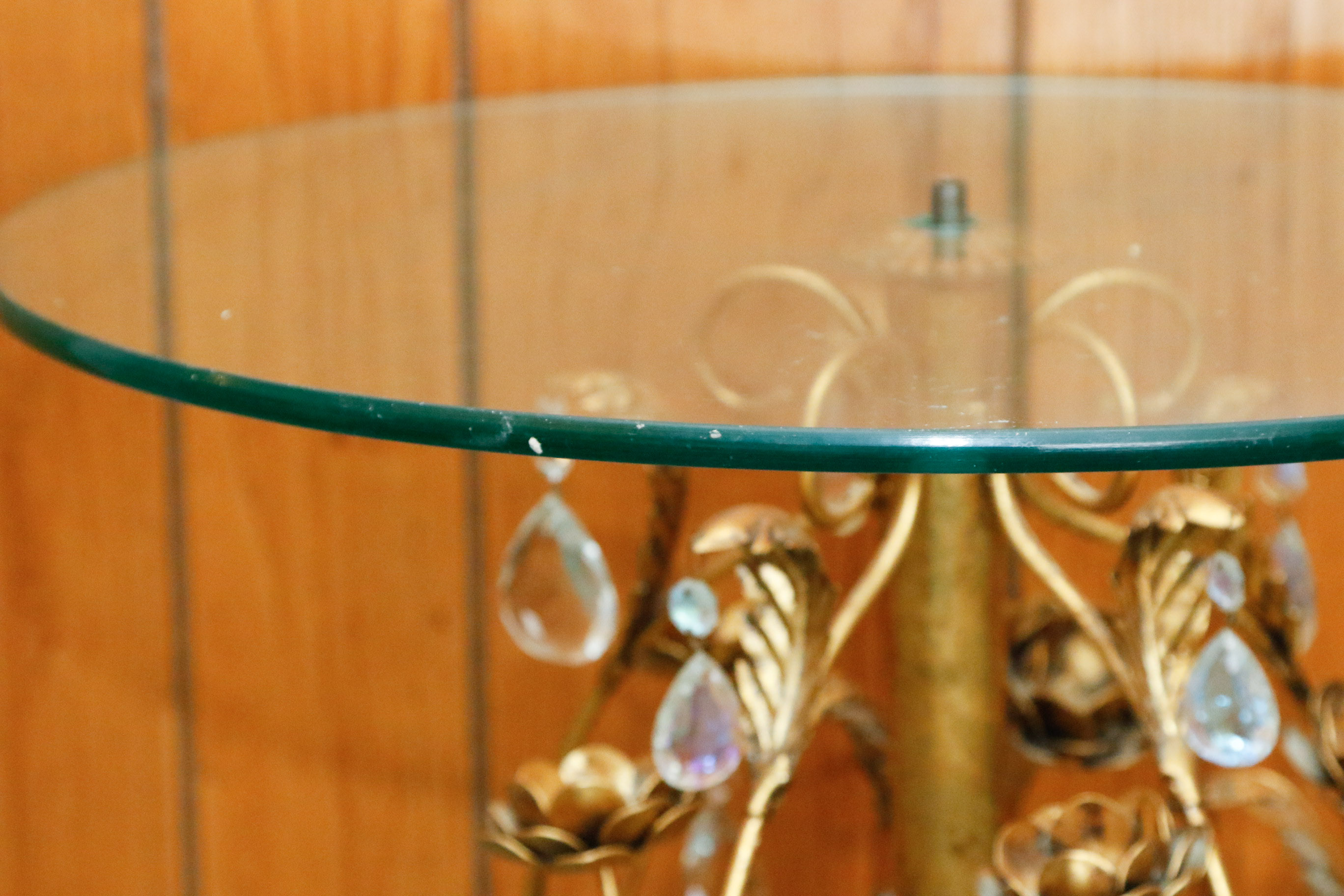 Gold Tone Foliate Occasional Table with Round Glass Top