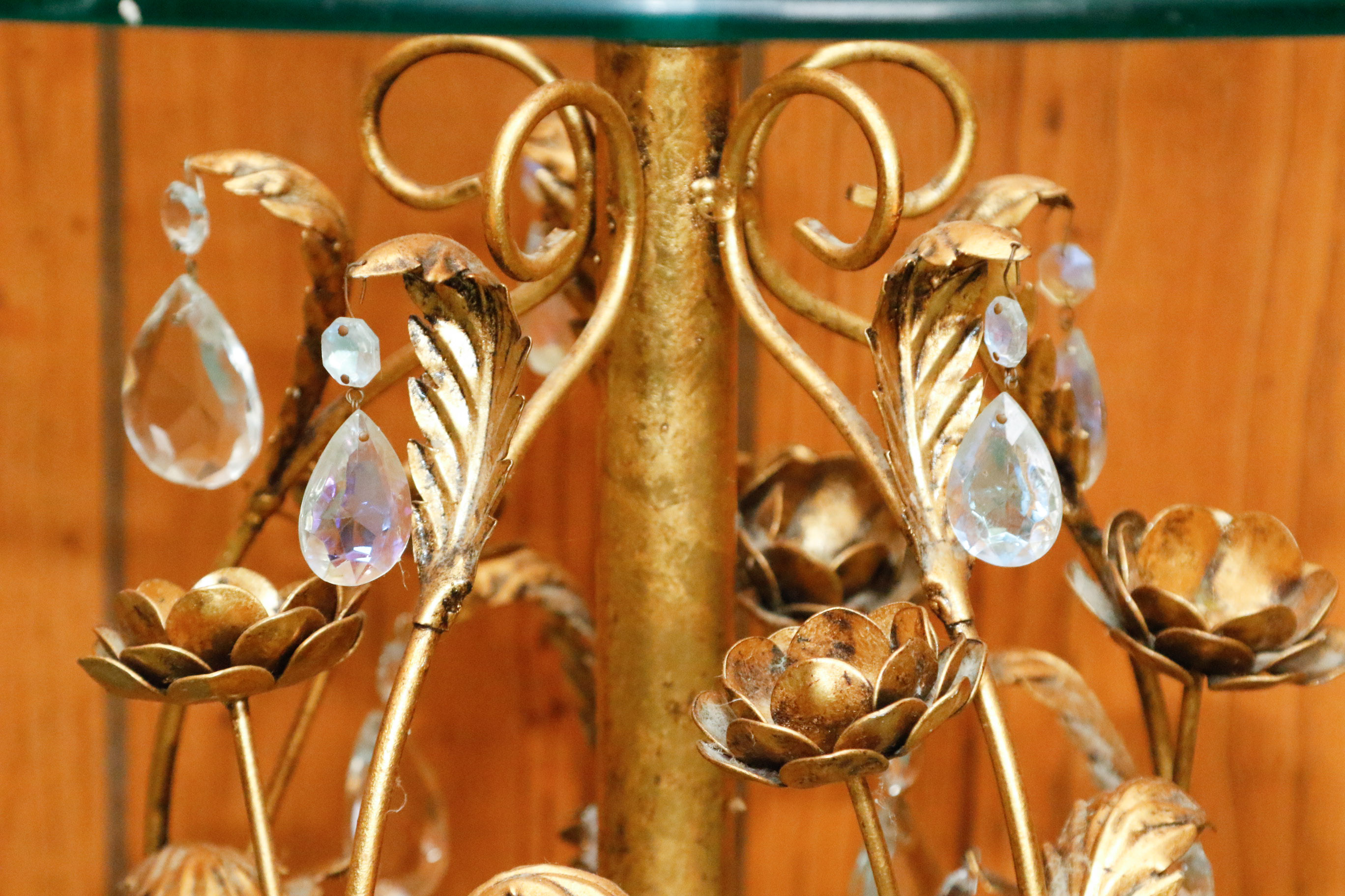 Gold Tone Foliate Occasional Table with Round Glass Top