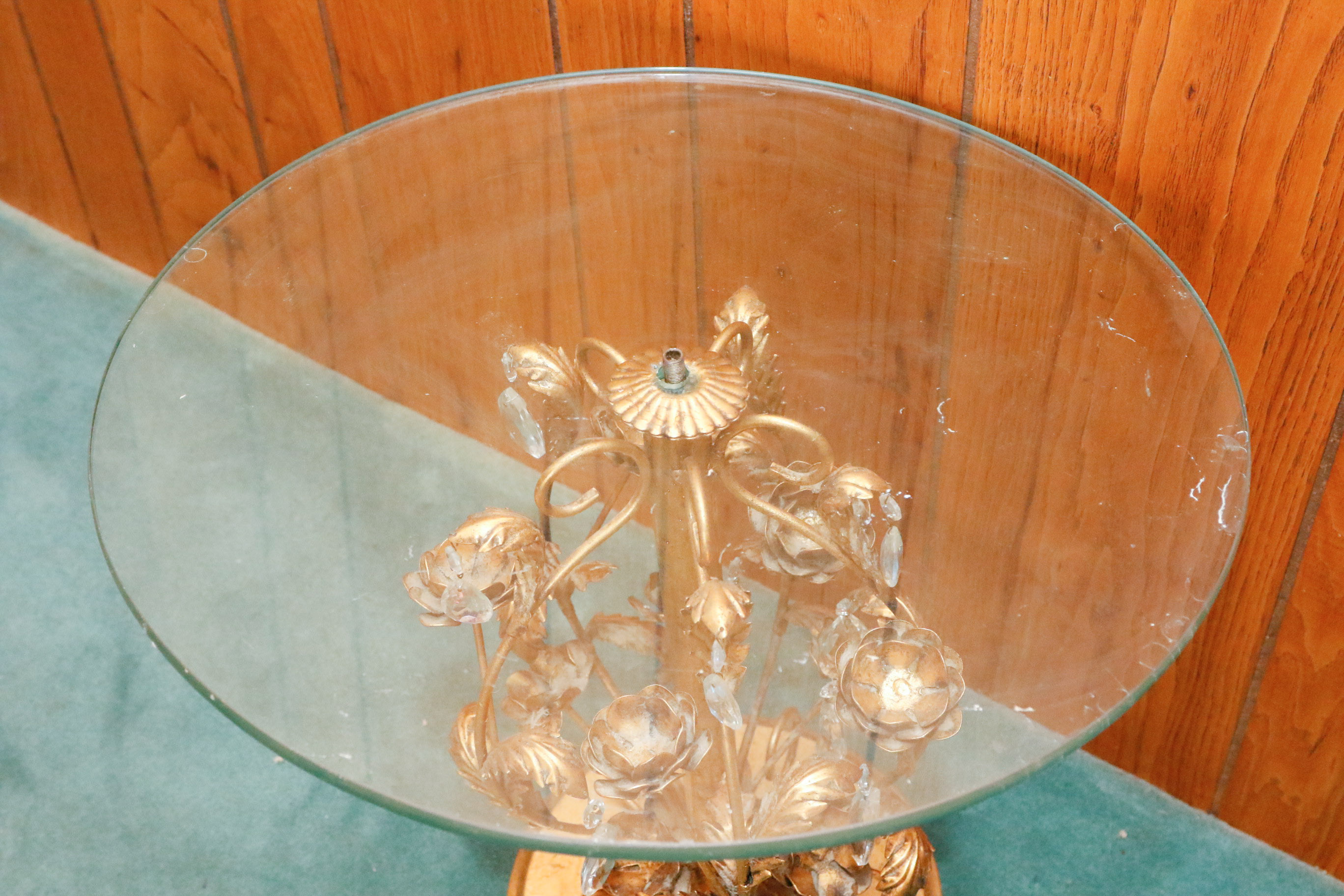 Gold Tone Foliate Occasional Table with Round Glass Top