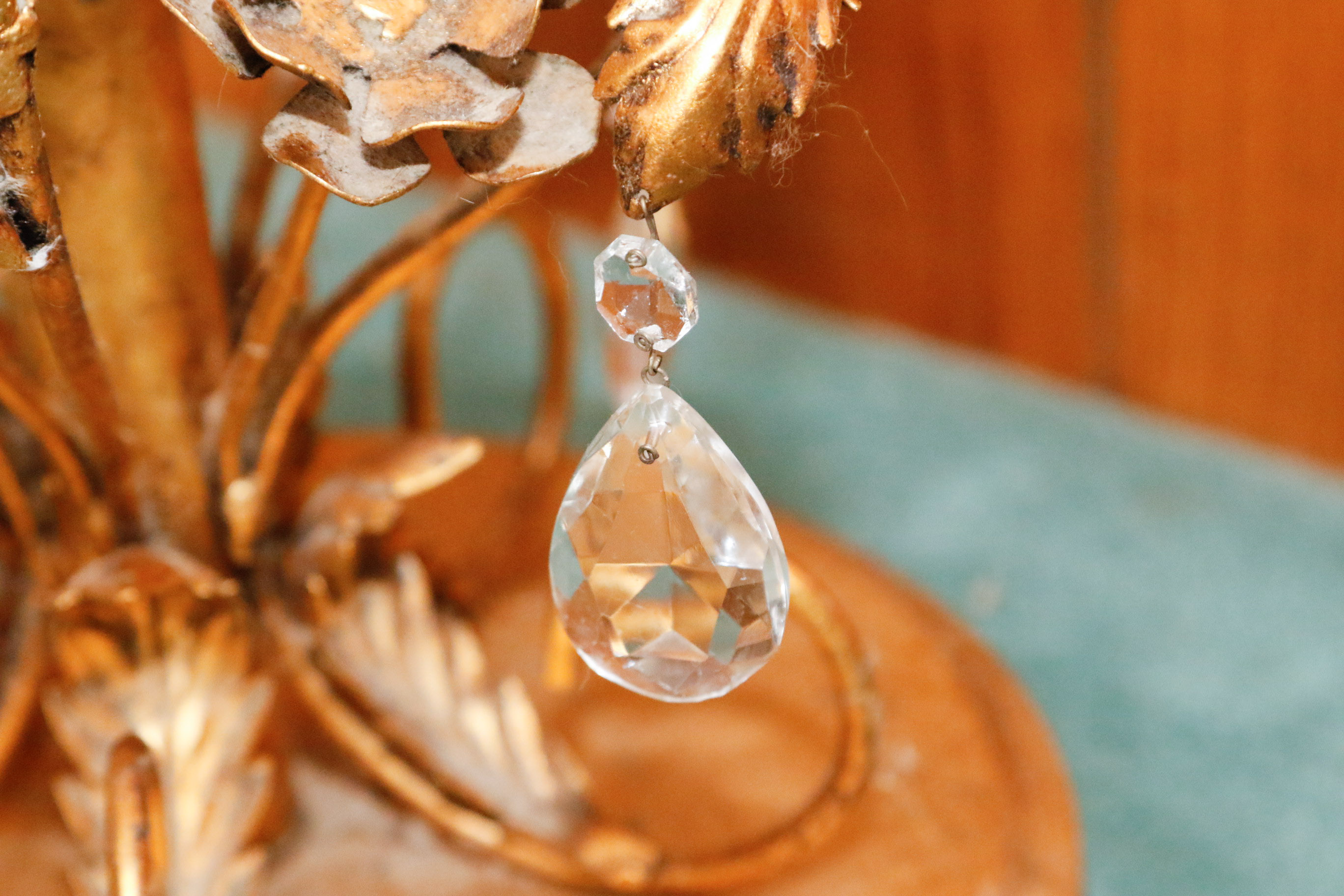 Gold Tone Foliate Occasional Table with Round Glass Top