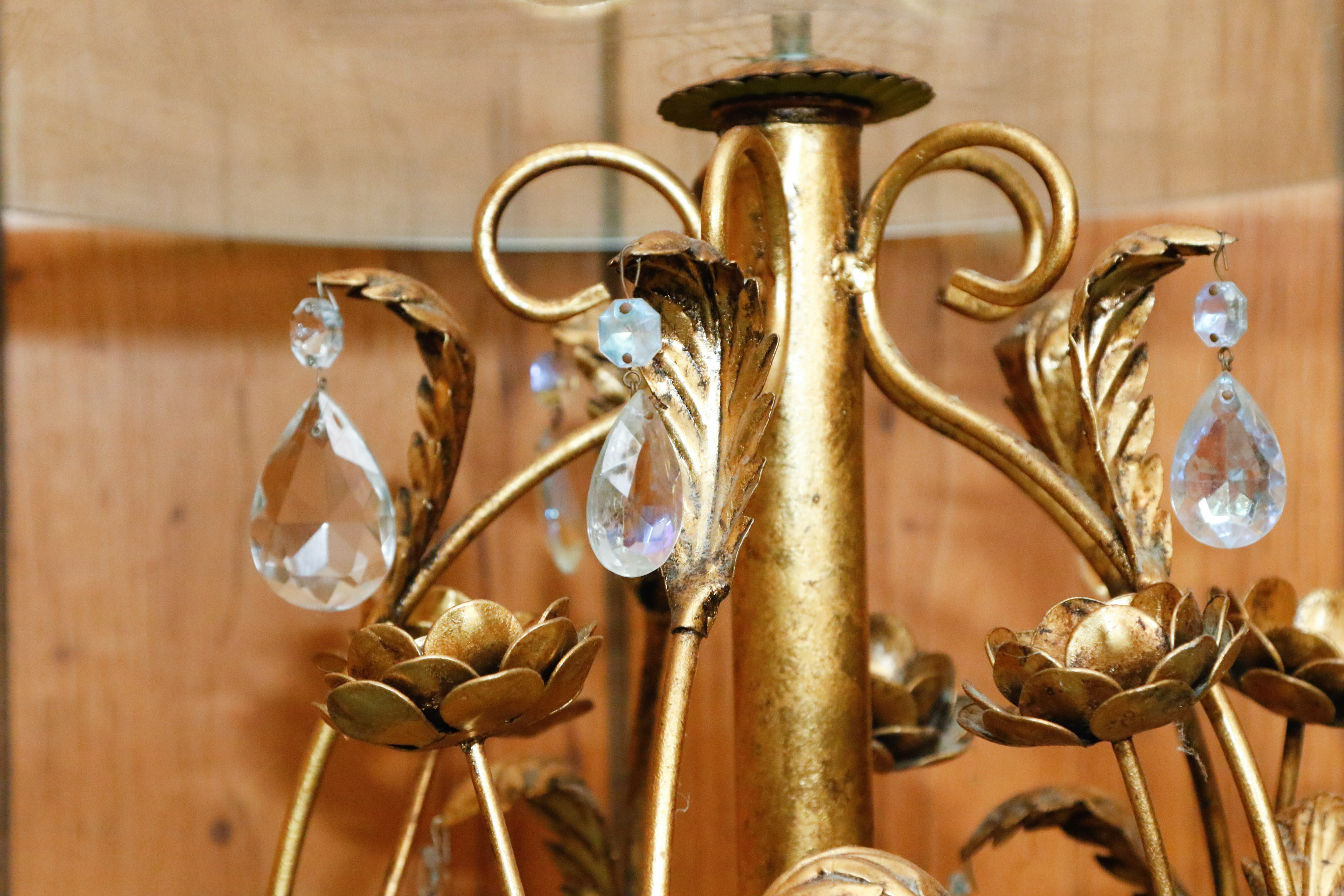 Gold Tone Foliate Occasional Table with Round Glass Top