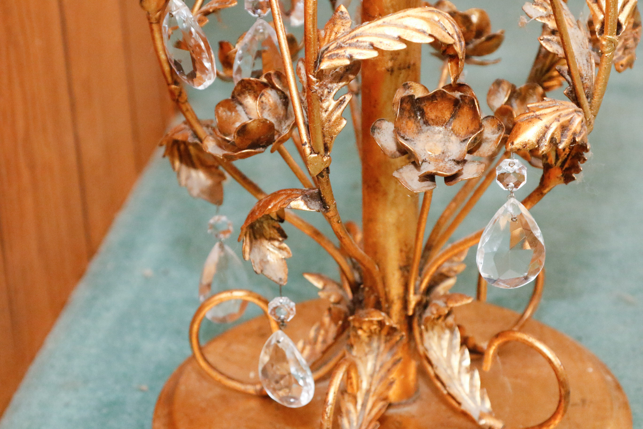 Gold Tone Foliate Occasional Table with Round Glass Top