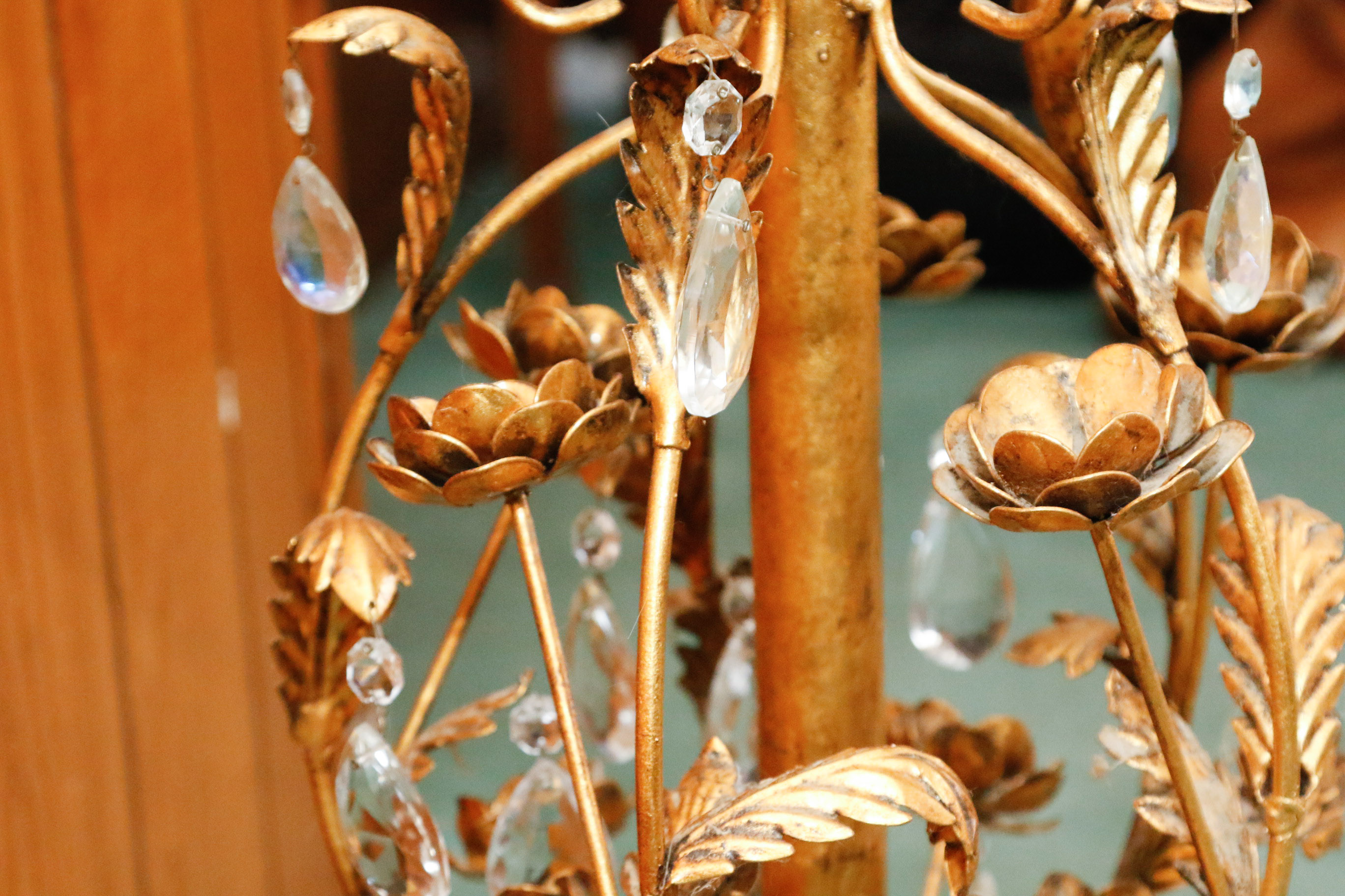 Gold Tone Foliate Occasional Table with Round Glass Top