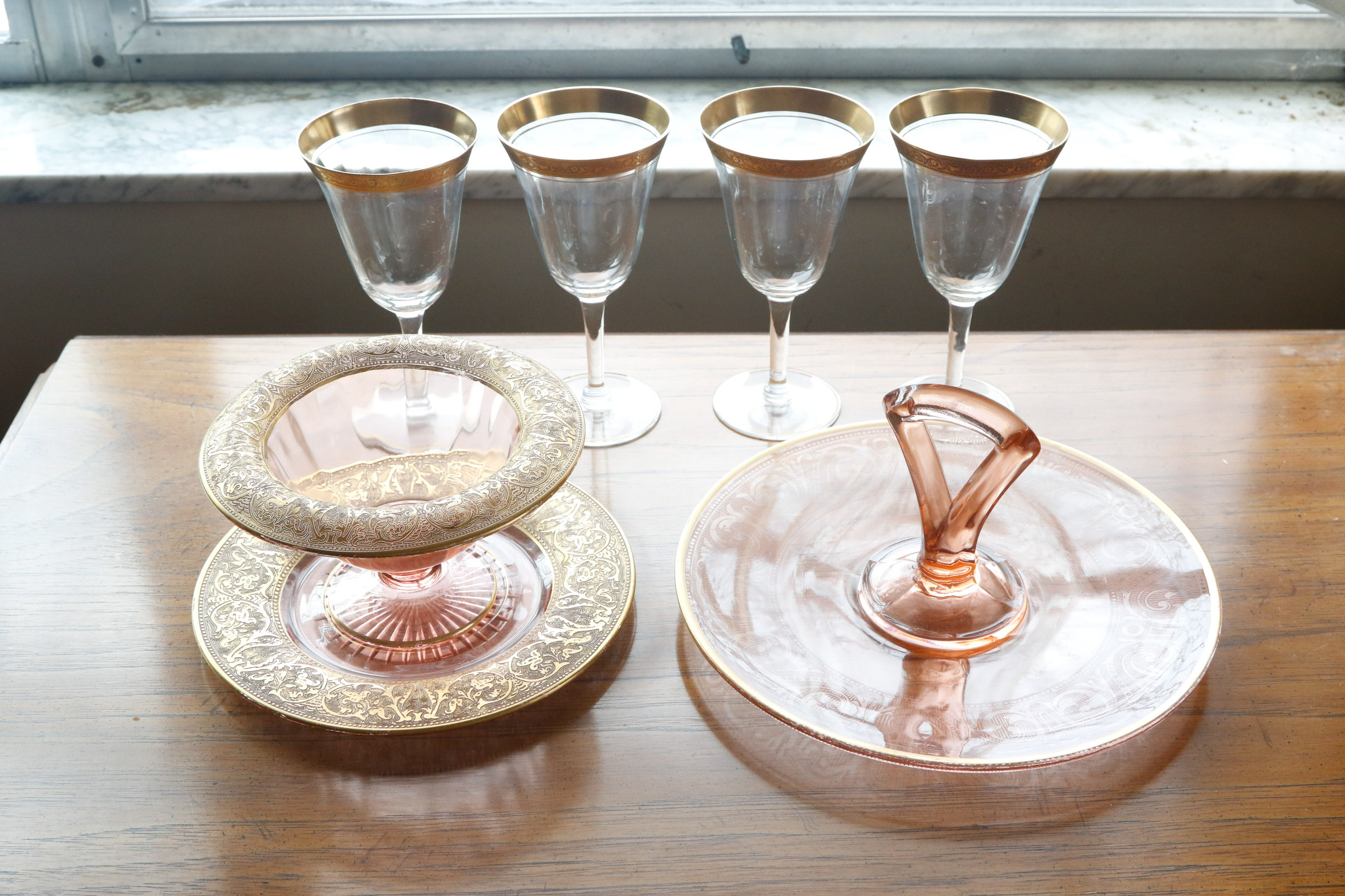 Tiffin "Minton" Crystal and Pink Depression Glass Tableware