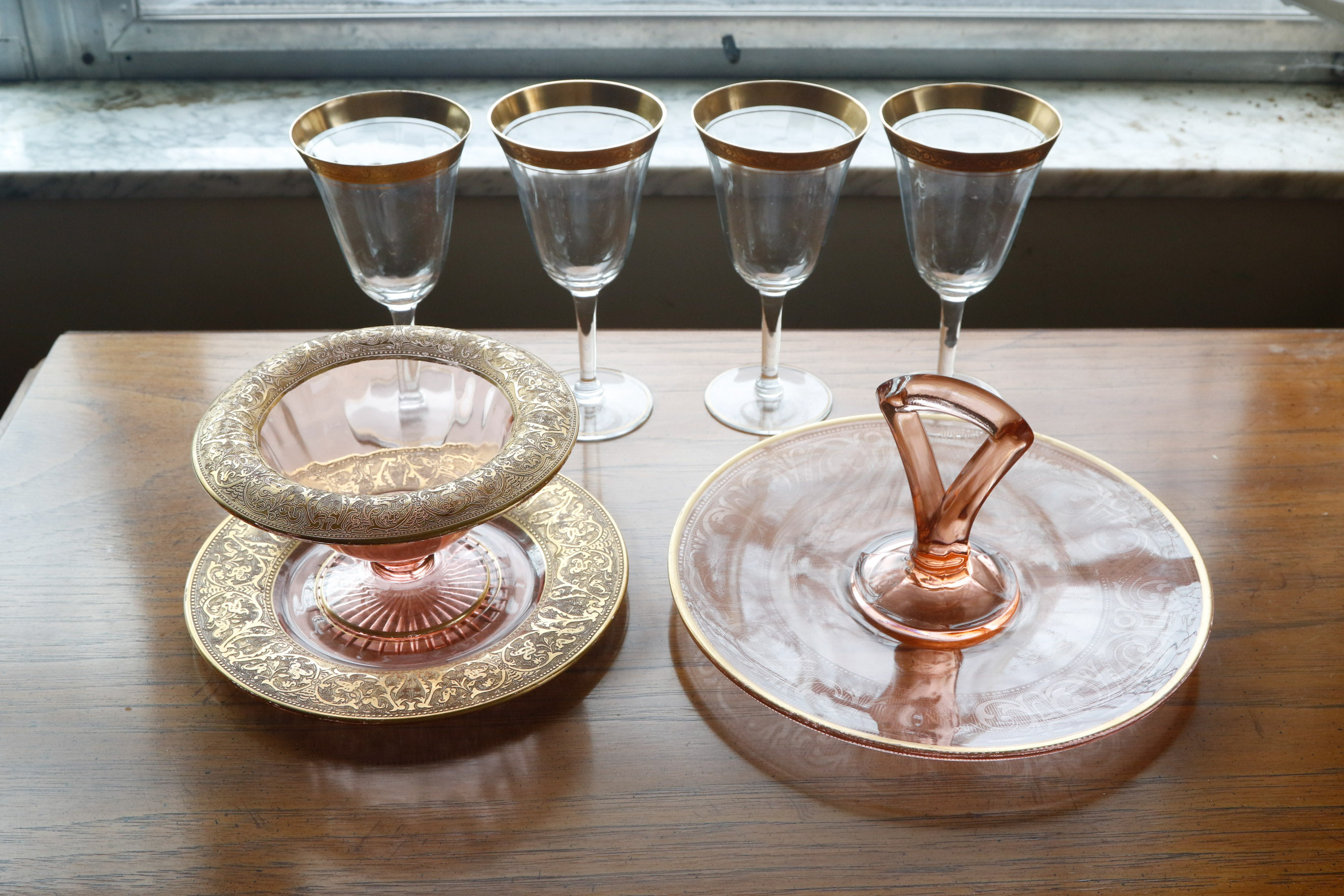 Tiffin "Minton" Crystal and Pink Depression Glass Tableware