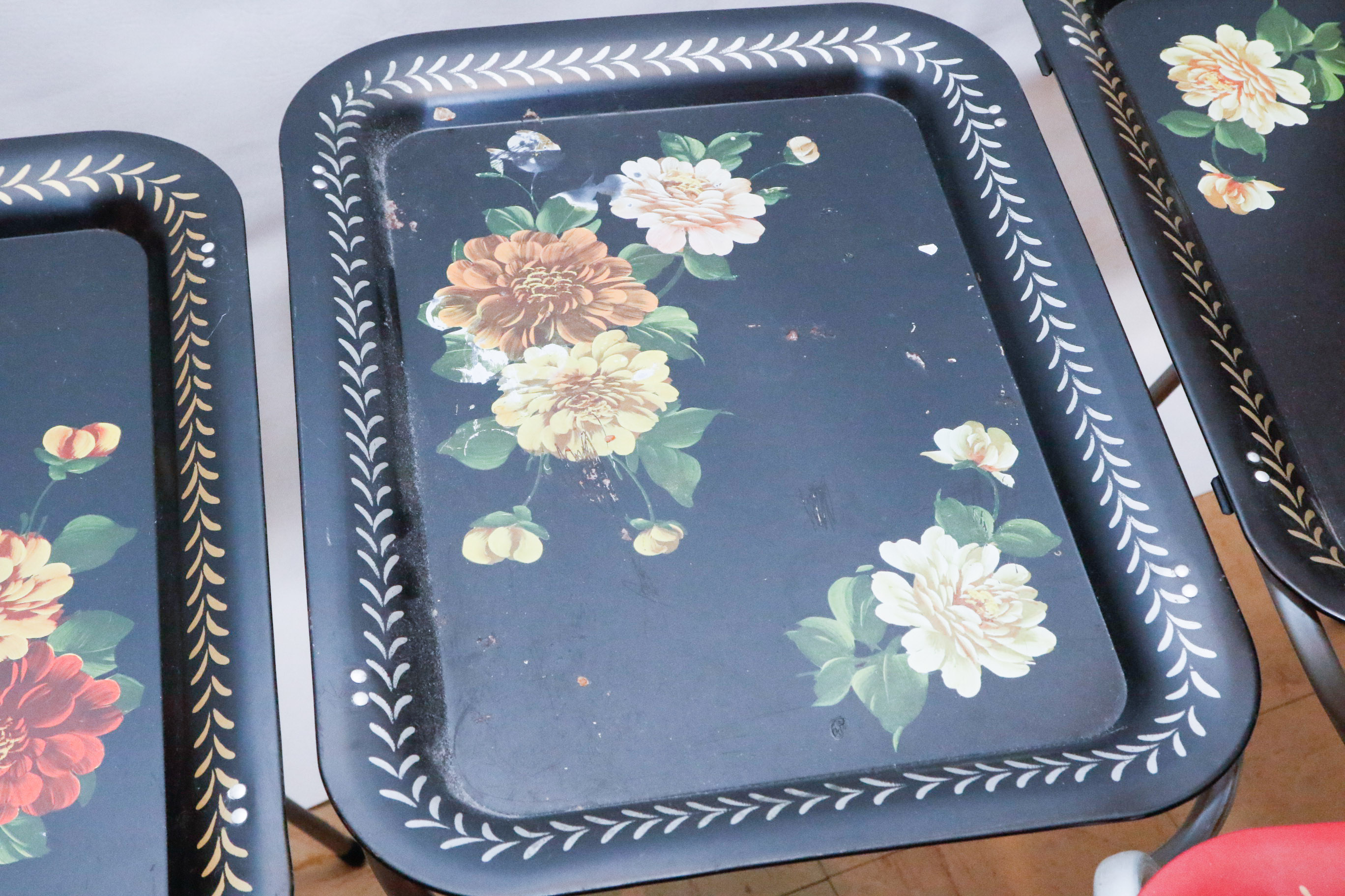 Set of Vintage Tole Painted Folding Trays