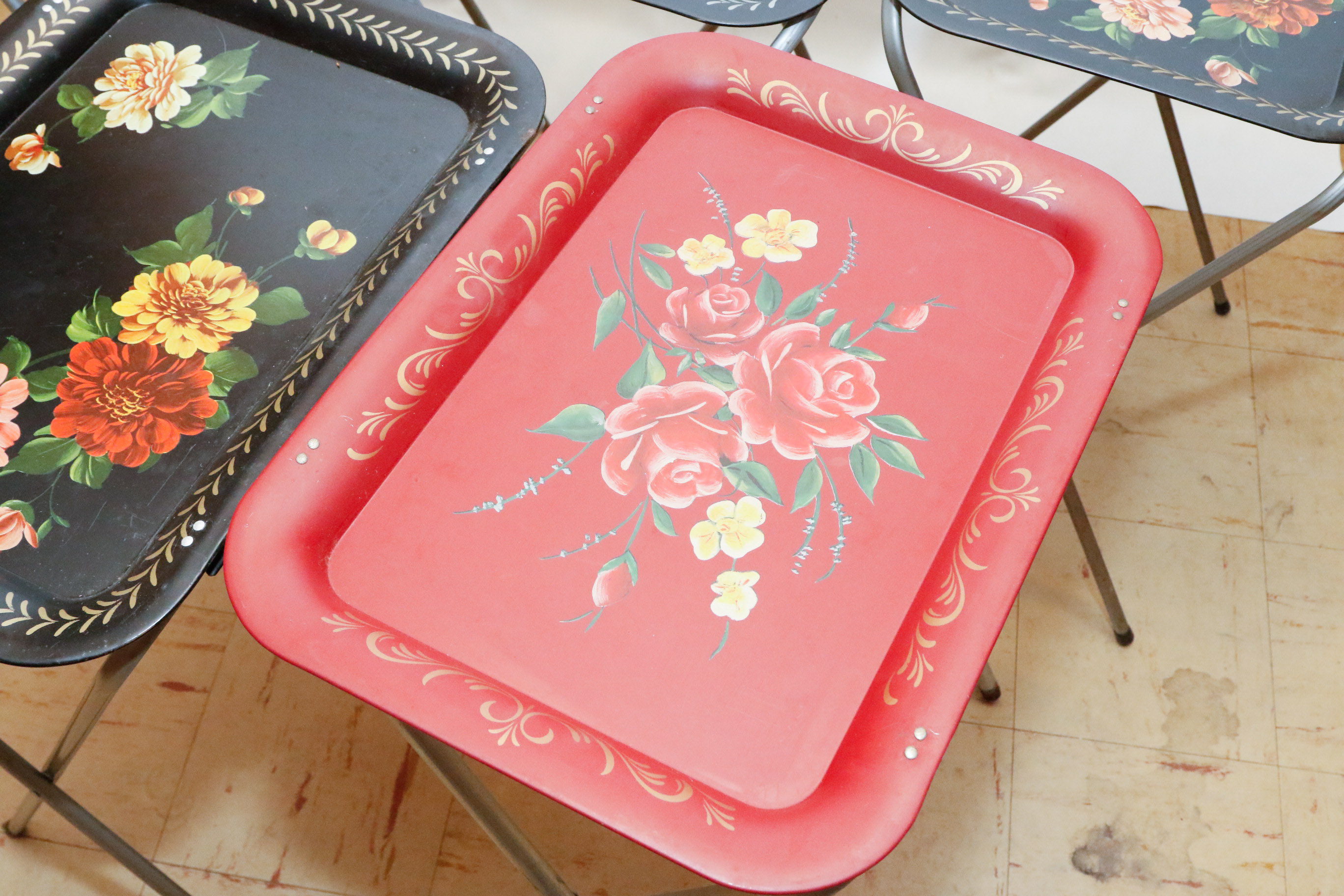 Set of Vintage Tole Painted Folding Trays