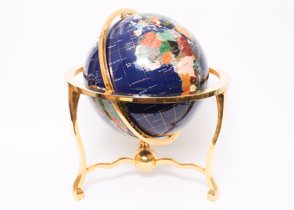 Semi-Precious Stone Globe on Brass Stand
