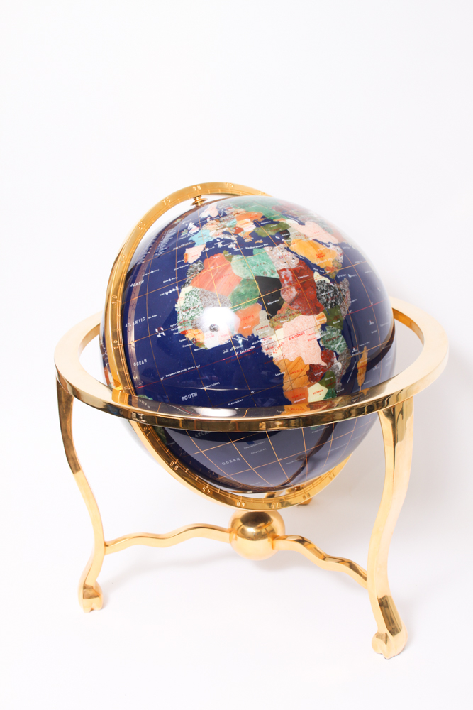 Semi-Precious Stone Globe on Brass Stand