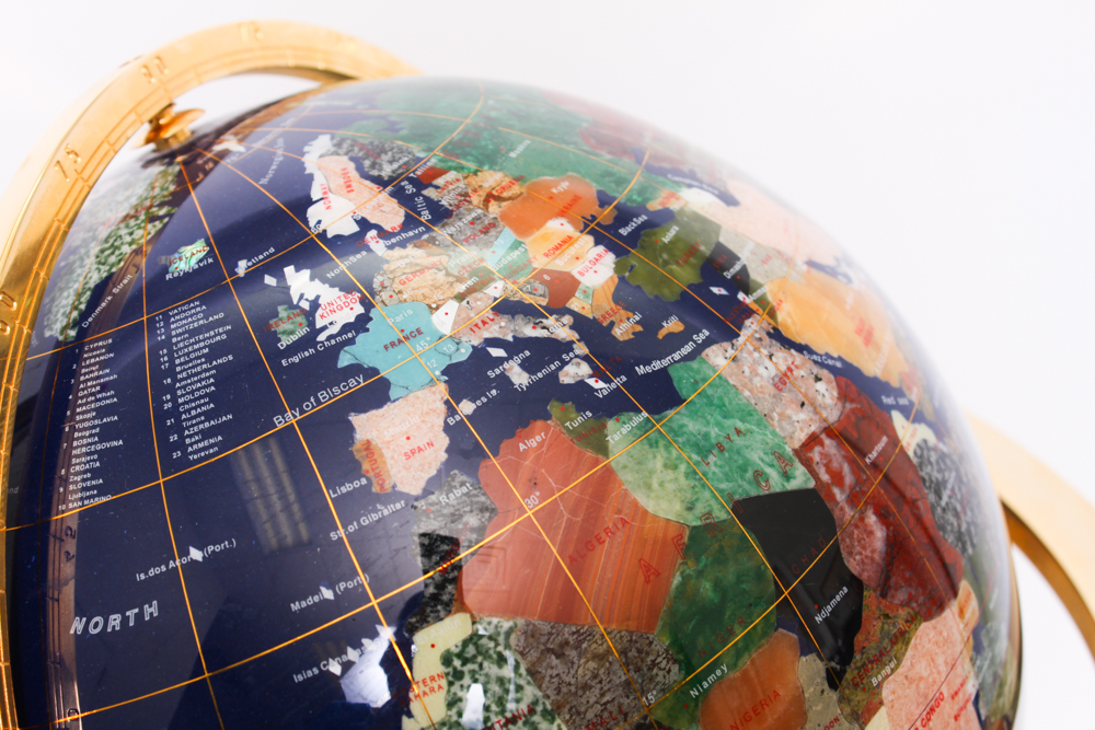 Semi-Precious Stone Globe on Brass Stand
