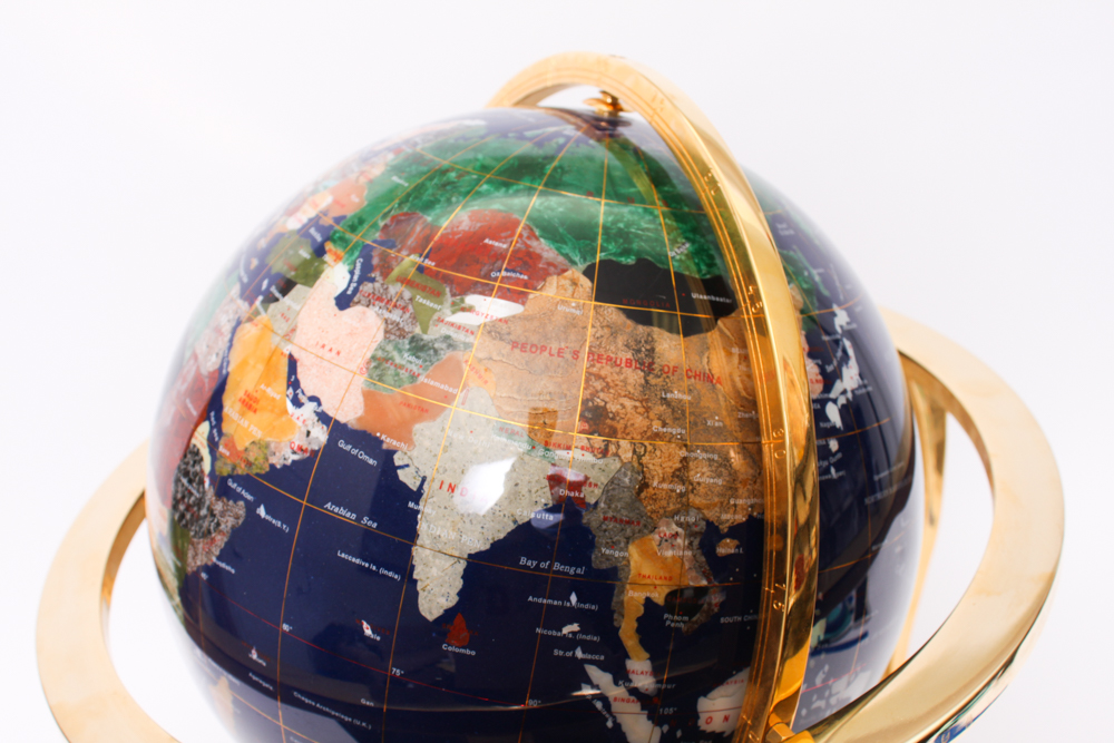 Semi-Precious Stone Globe on Brass Stand