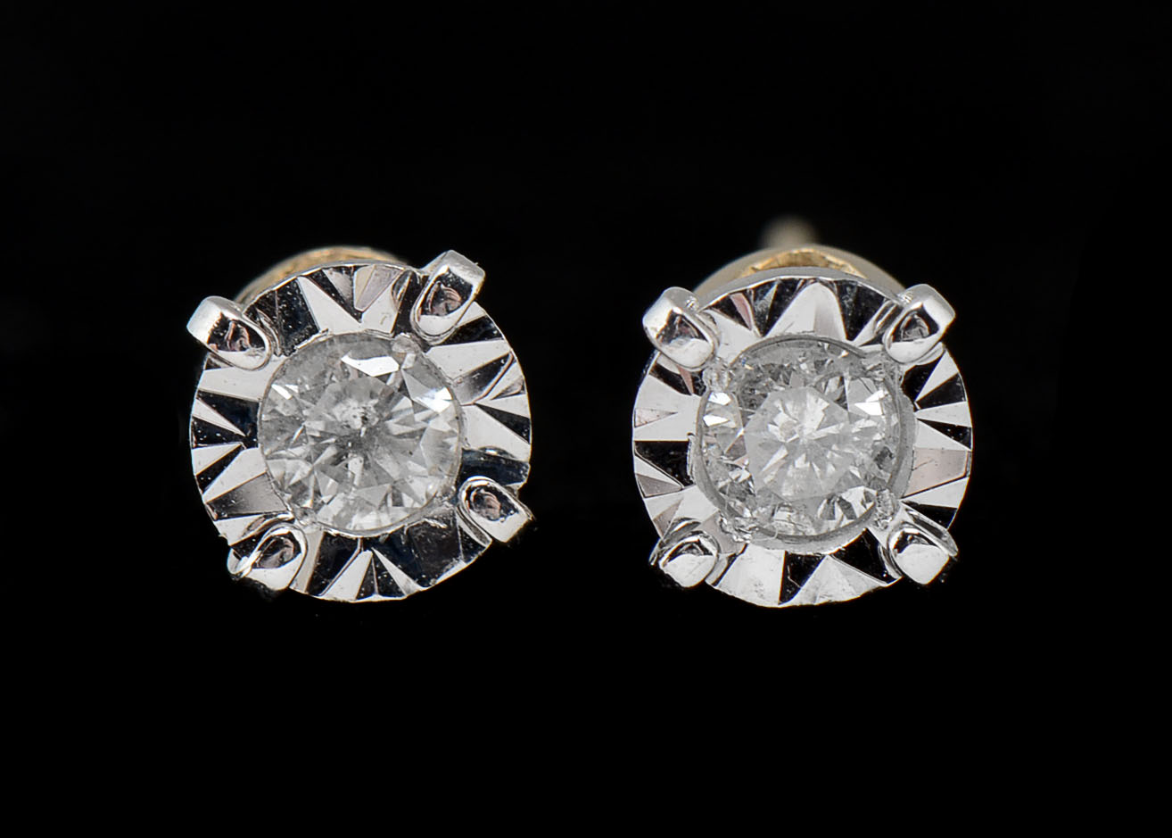 Pair of 14K Two-Tone Gold Diamond Post Back Earrings