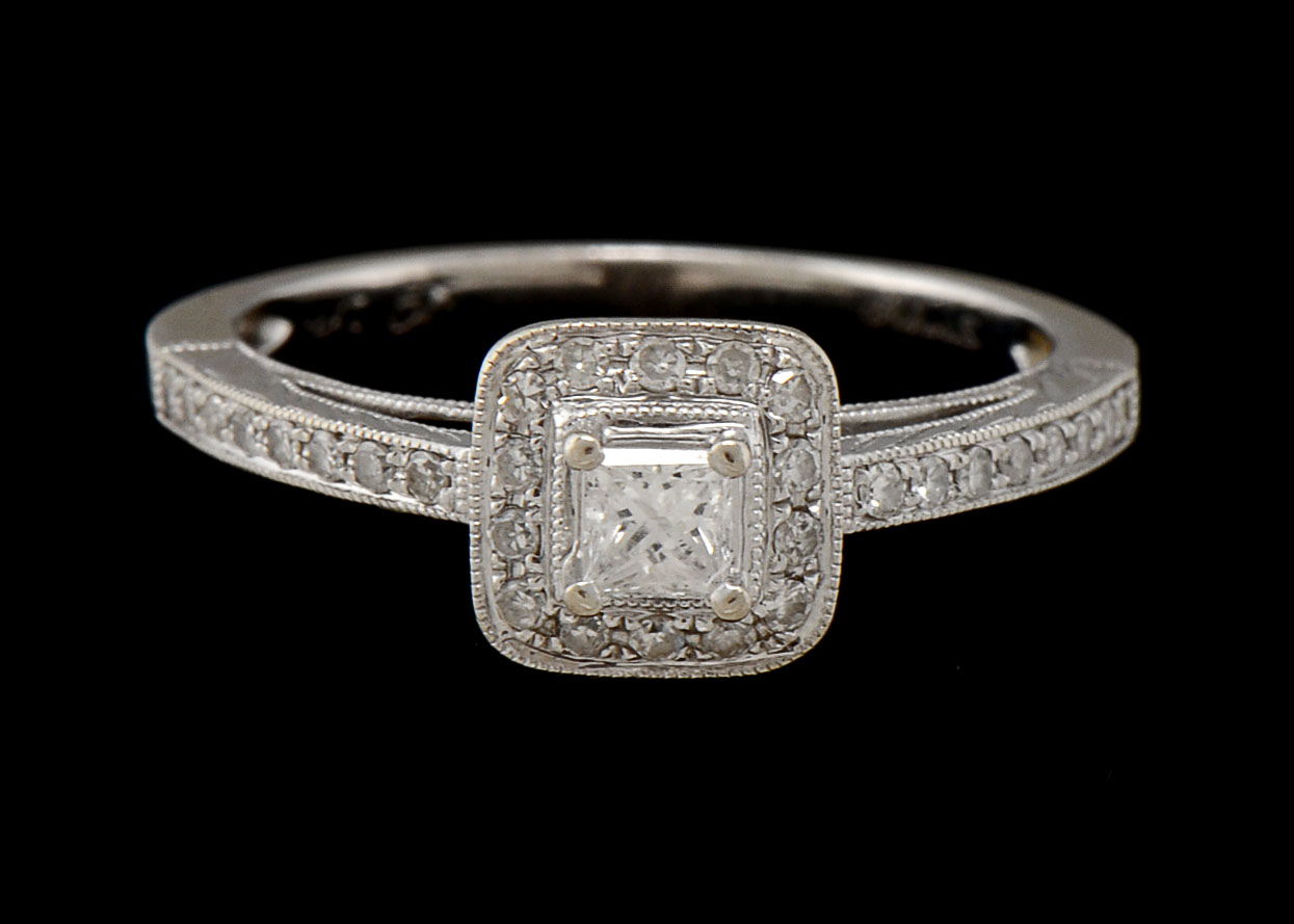 14K White Gold Square Cut Diamond Ring with Halo