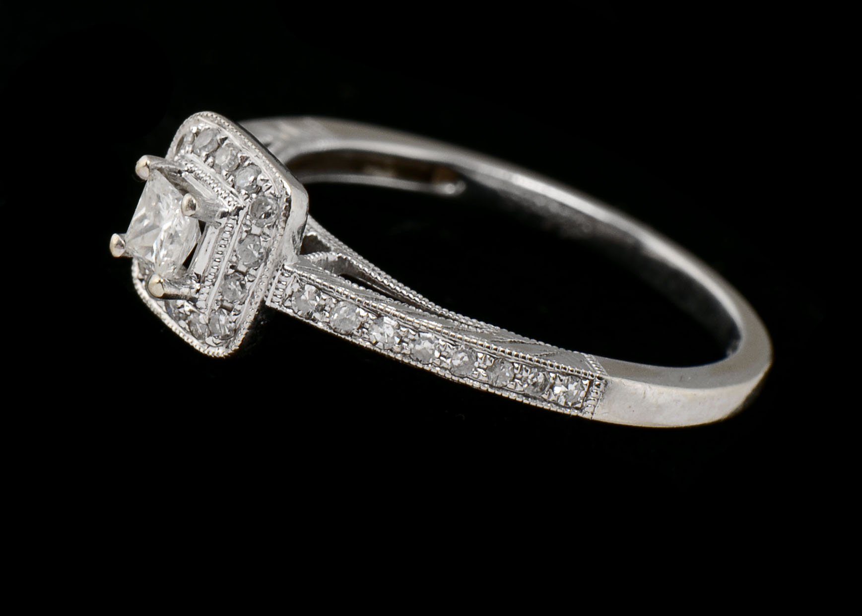 14K White Gold Square Cut Diamond Ring with Halo