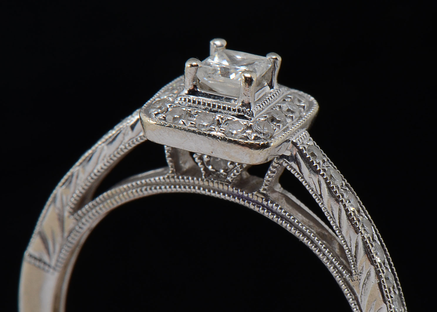 14K White Gold Square Cut Diamond Ring with Halo