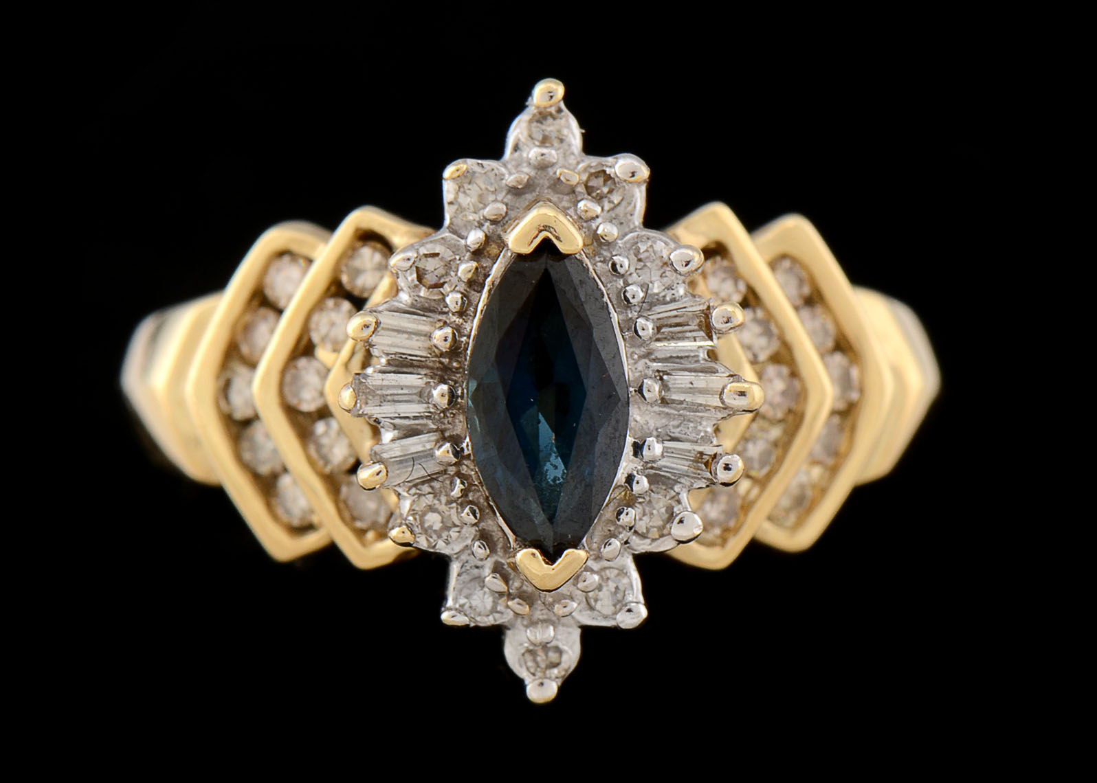 14K Yellow Gold Blue Sapphire and Diamond Cocktail Ring