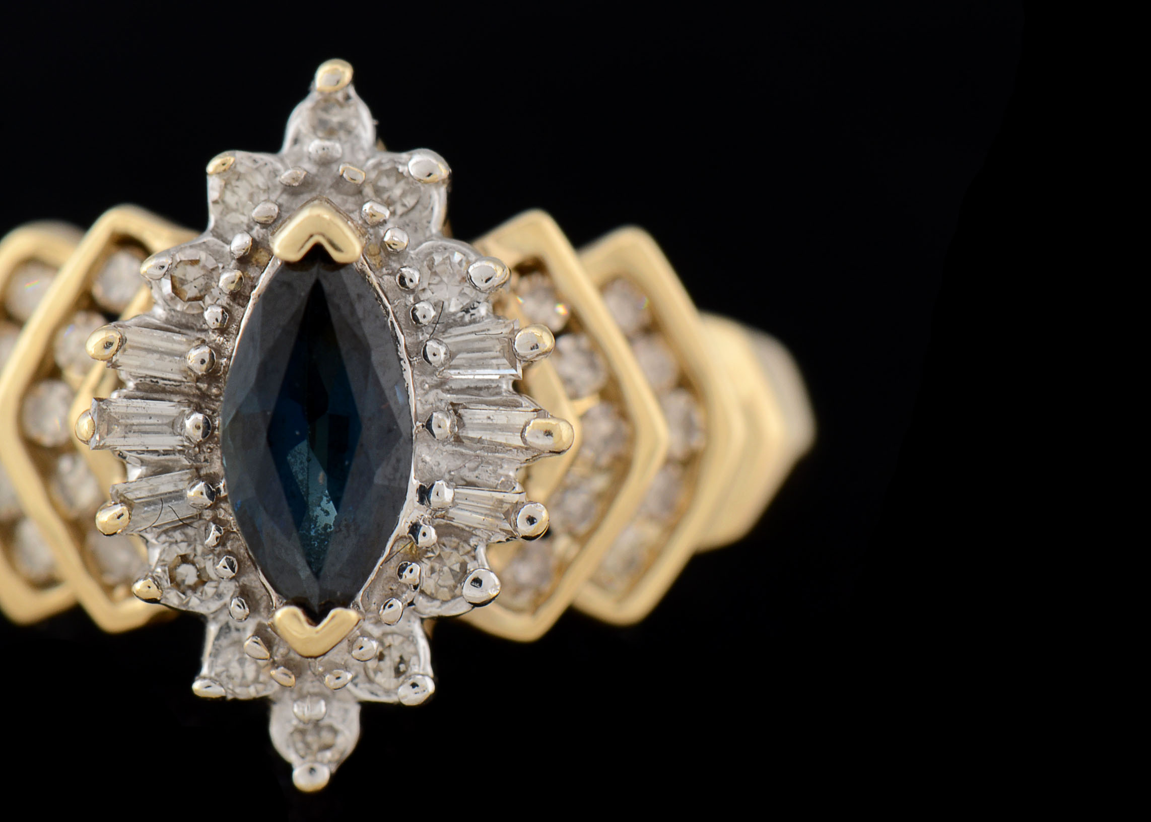 14K Yellow Gold Blue Sapphire and Diamond Cocktail Ring