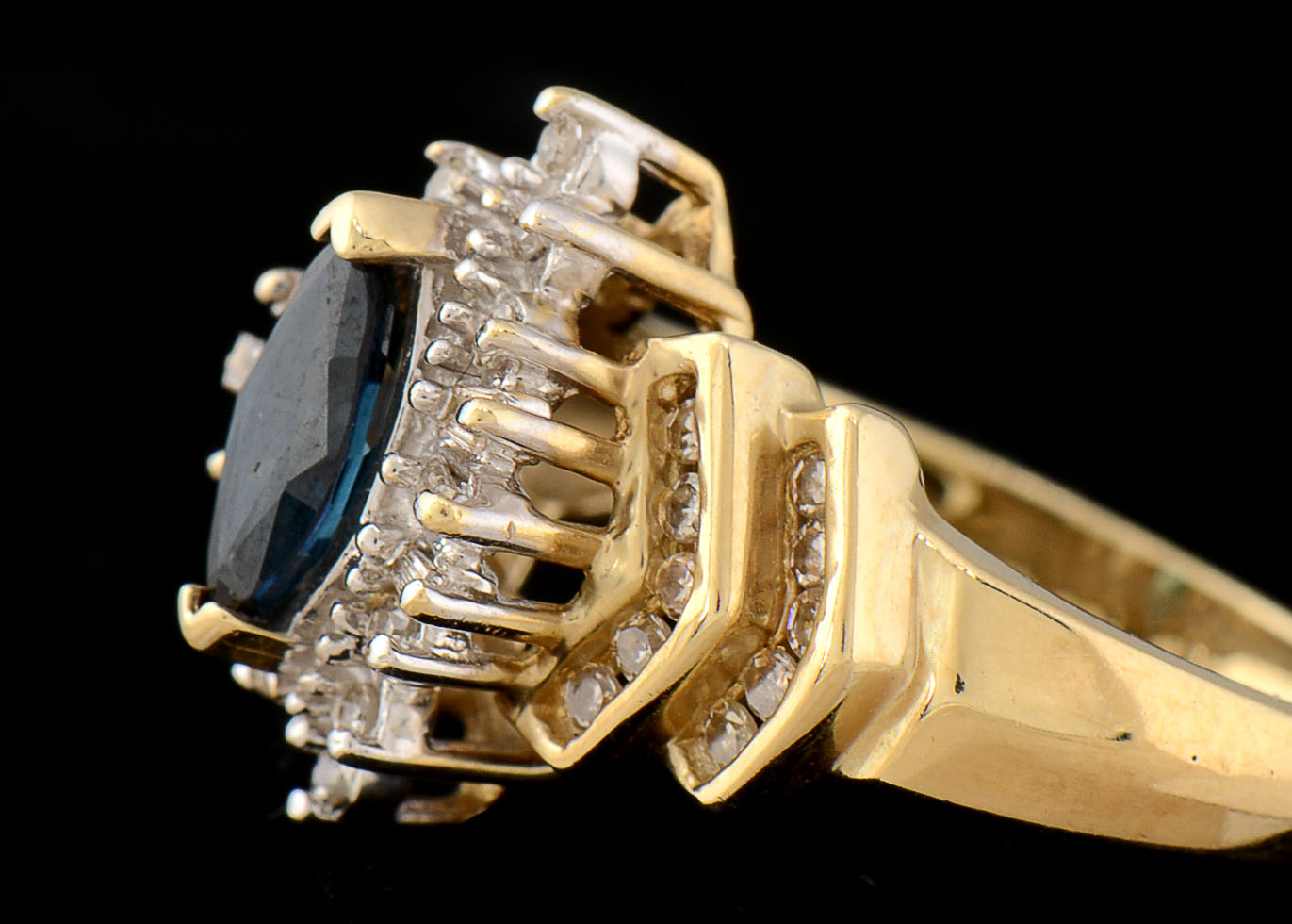 14K Yellow Gold Blue Sapphire and Diamond Cocktail Ring