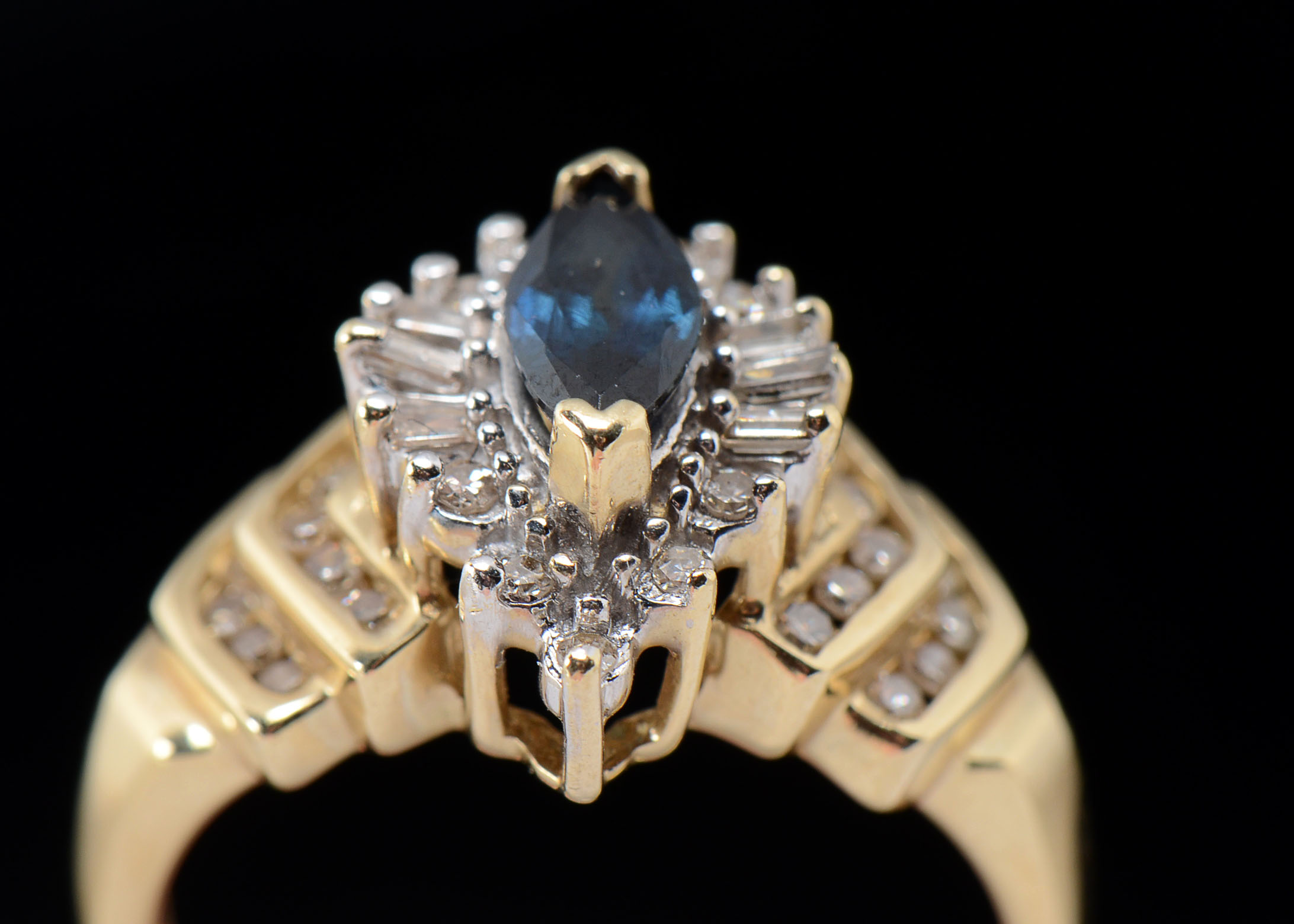 14K Yellow Gold Blue Sapphire and Diamond Cocktail Ring