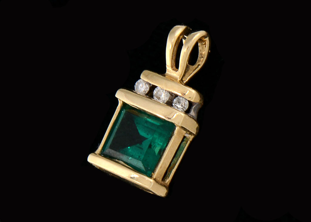 14K Yellow Gold Synthetic Emerald and Diamond Pendant