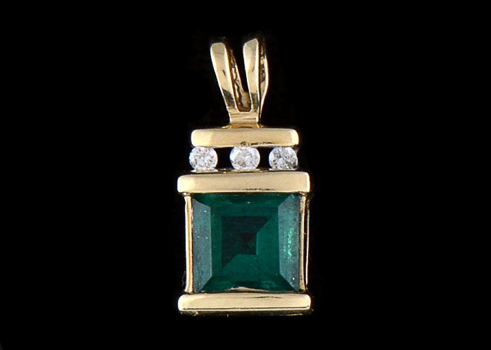 14K Yellow Gold Synthetic Emerald and Diamond Pendant