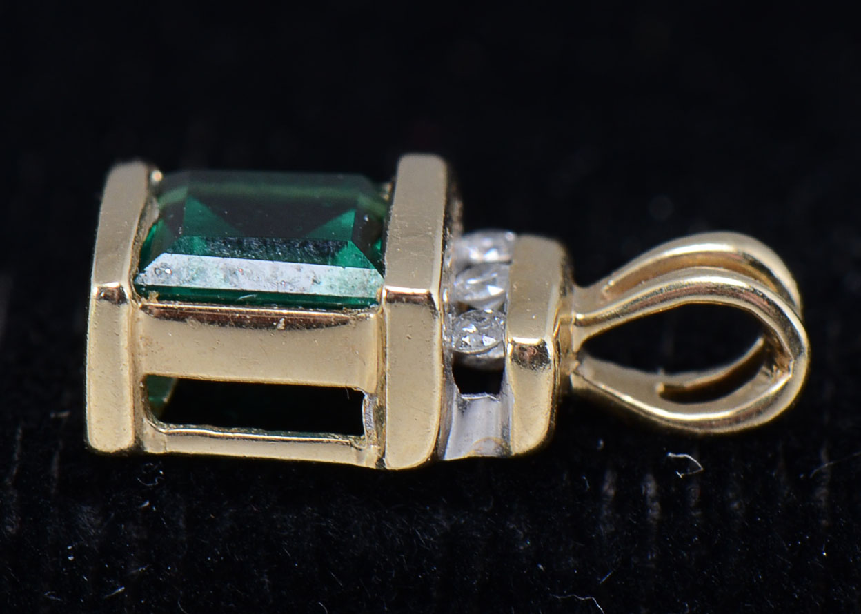 14K Yellow Gold Synthetic Emerald and Diamond Pendant