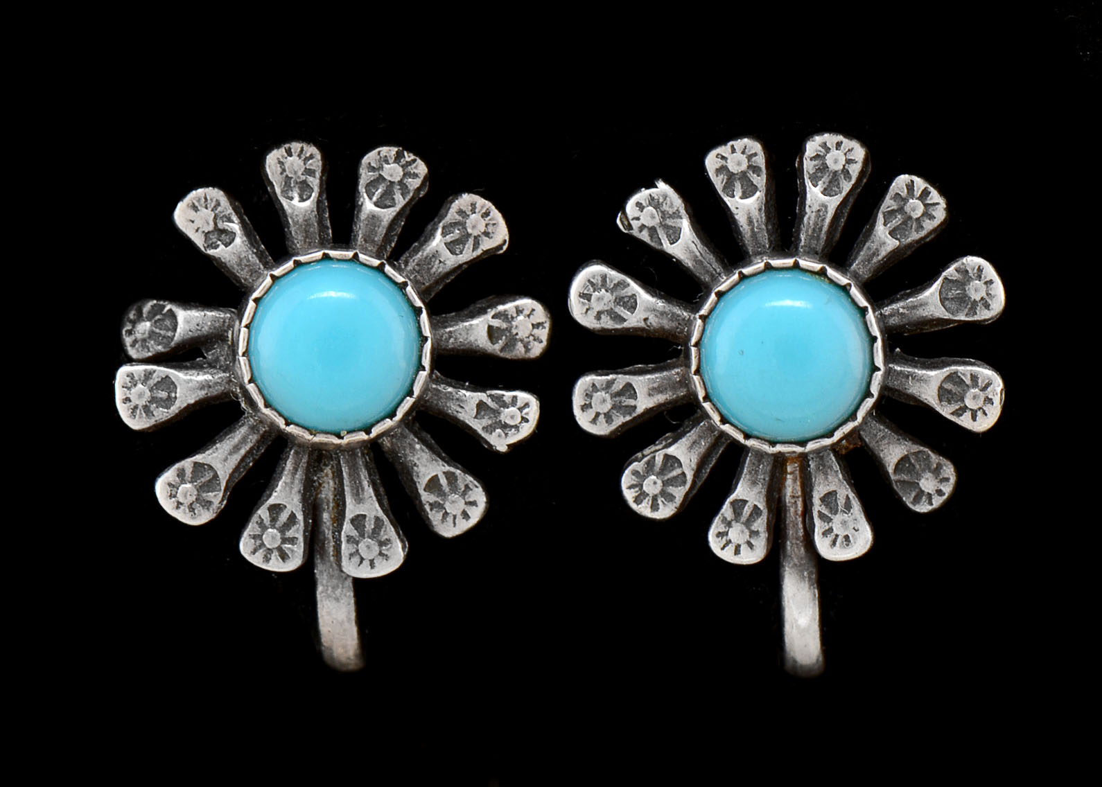Pair of Sterling Turquoise Flower Screw-Back Earrings