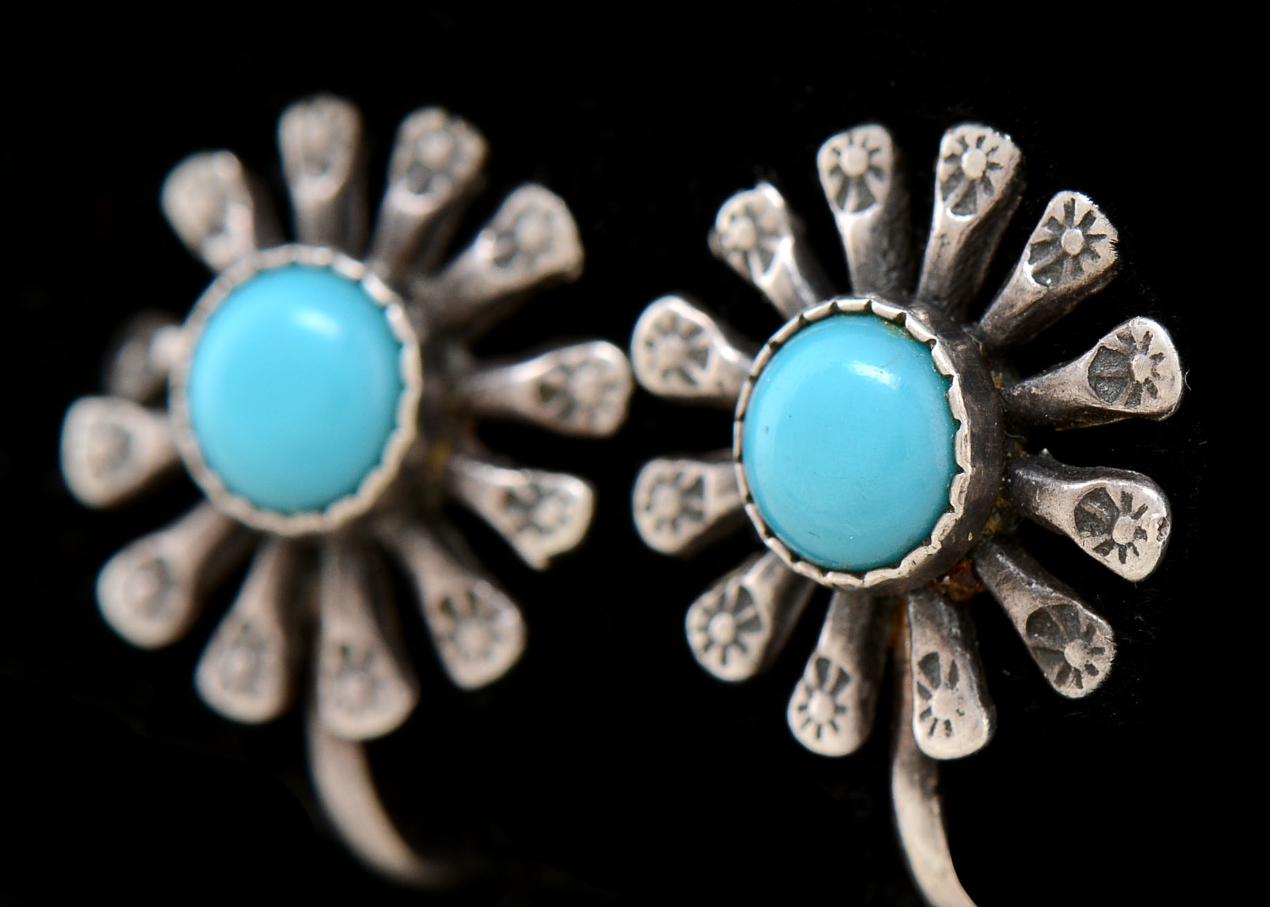 Pair of Sterling Turquoise Flower Screw-Back Earrings