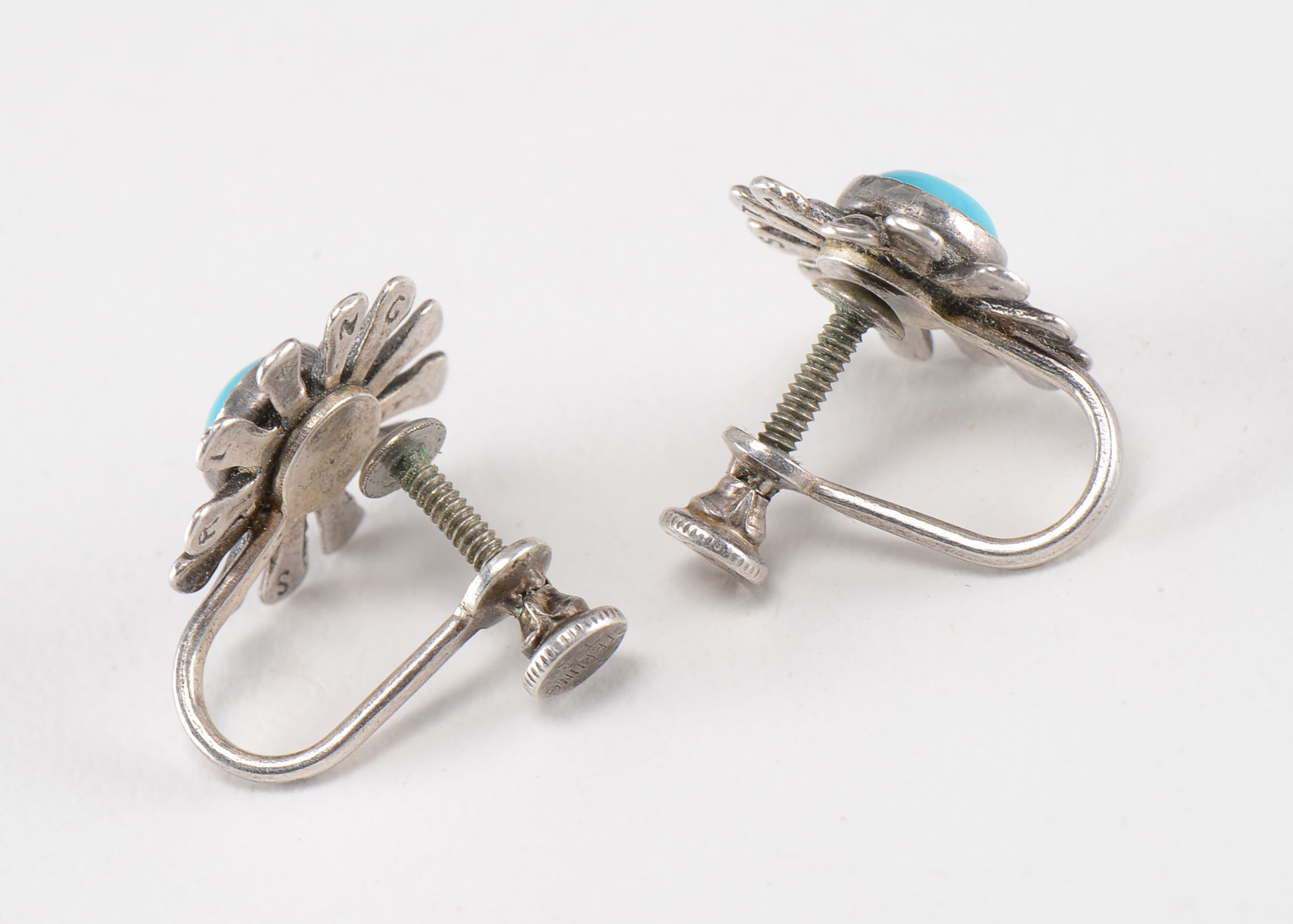 Pair of Sterling Turquoise Flower Screw-Back Earrings