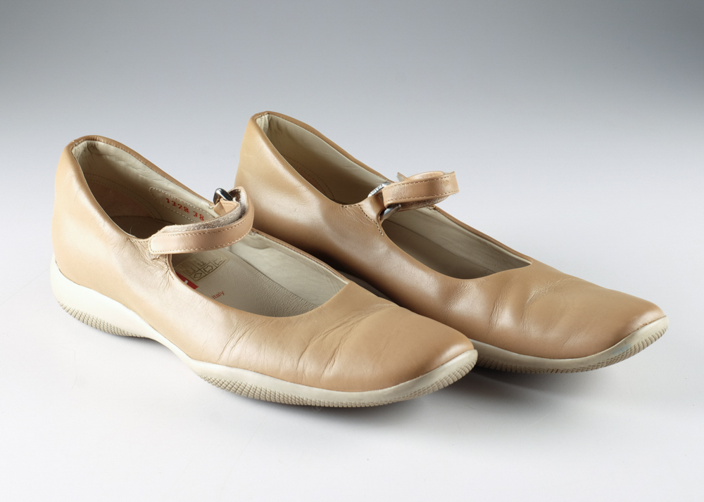 Prada Designer Tan Leather Mary Jane Flats