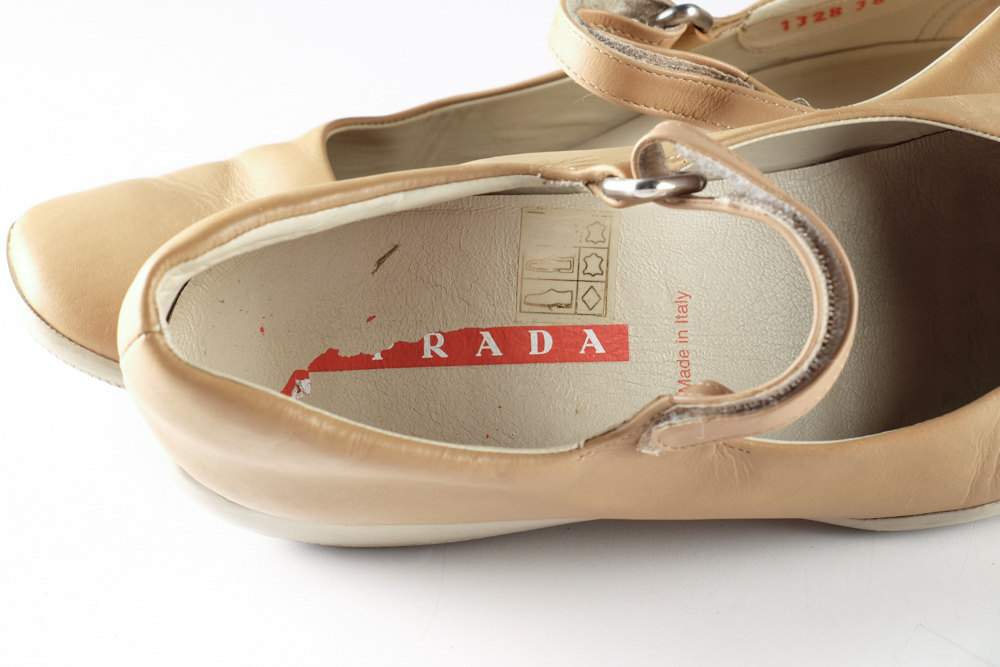 Prada Designer Tan Leather Mary Jane Flats