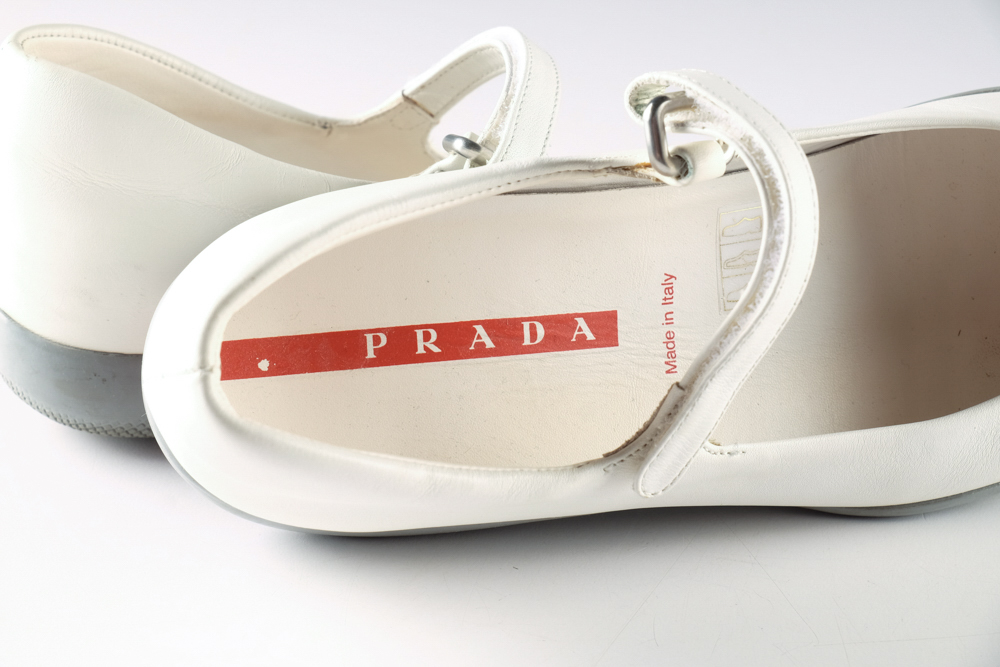 Women's Prada Designer White Leather Flats