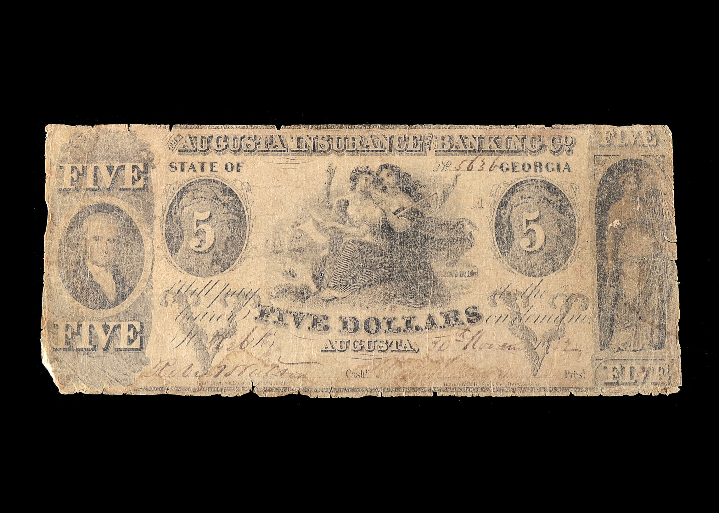 1852 Five Dollar Note From Augusta, GA