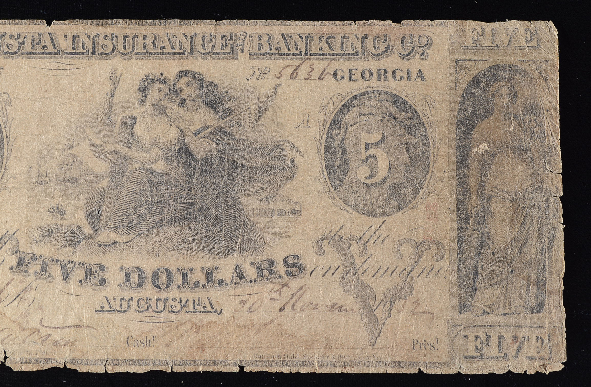 1852 Five Dollar Note From Augusta, GA