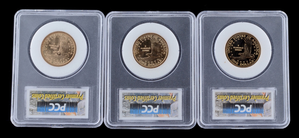 Three Encapsulated and Graded Sacagawea Golden Dollars