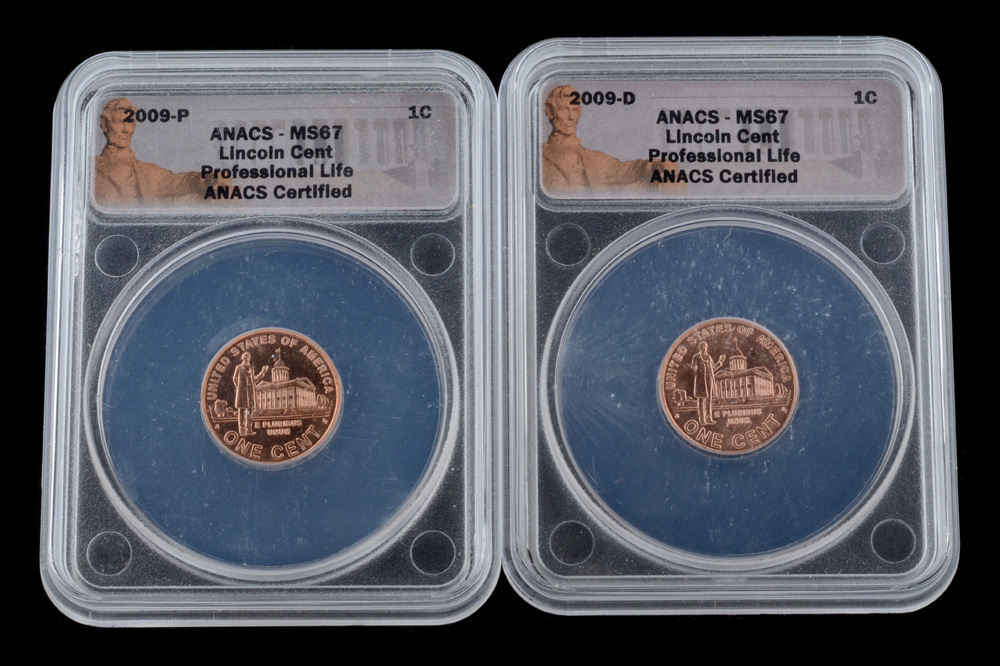 2009 D and 2009 P Professional Life Lincoln Cents ANACS MS67 RD