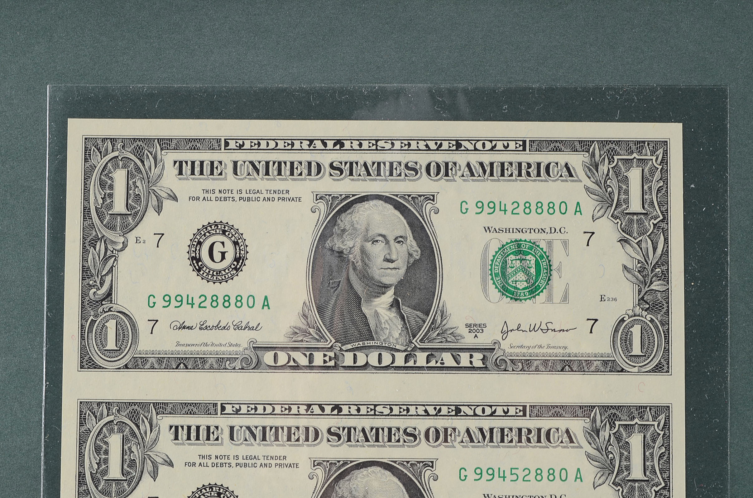 U.S. Mint Uncut One Dollar Bill Sheet