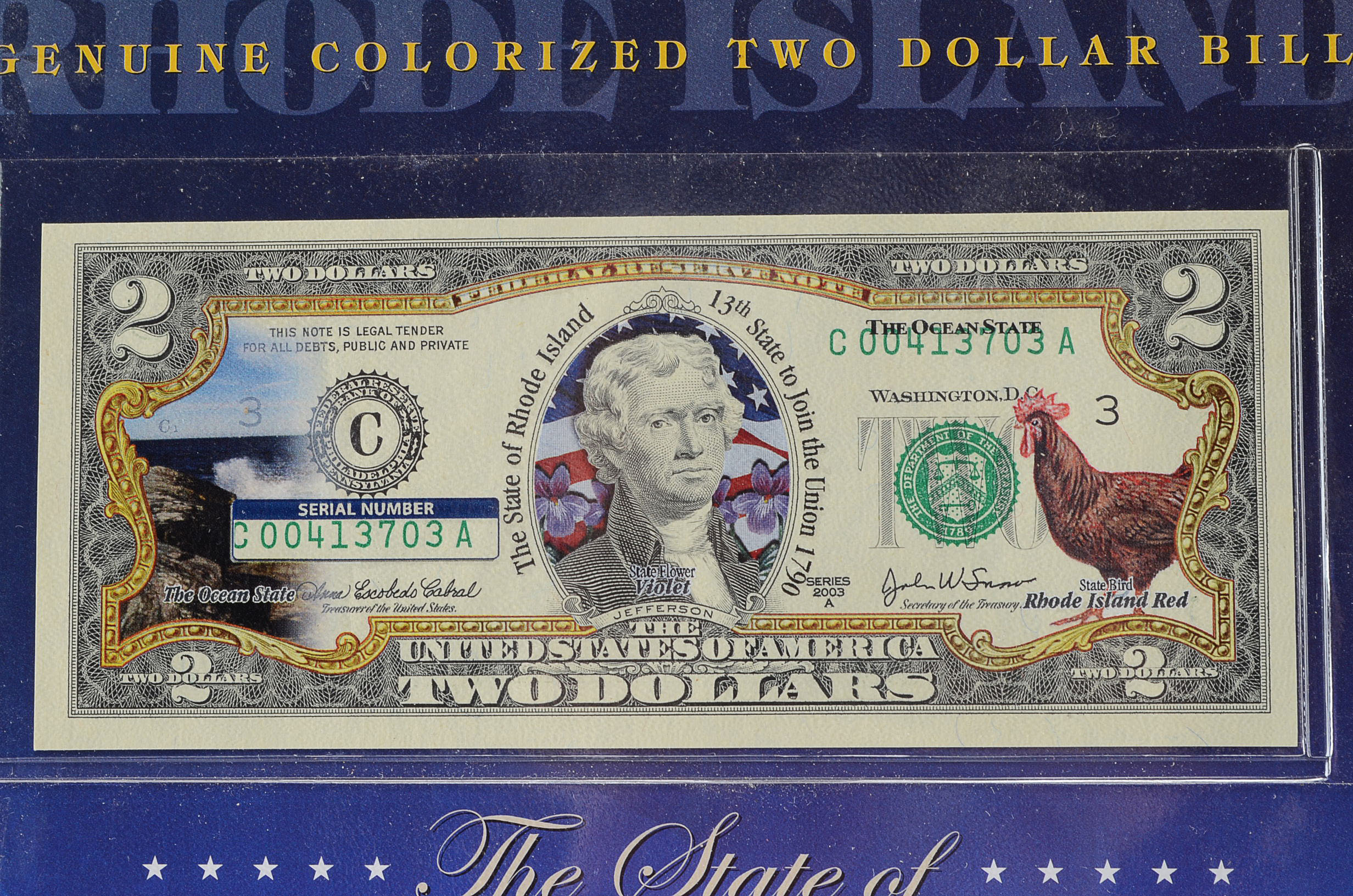 Colorized 2003 U.S. Two Dollar Bill