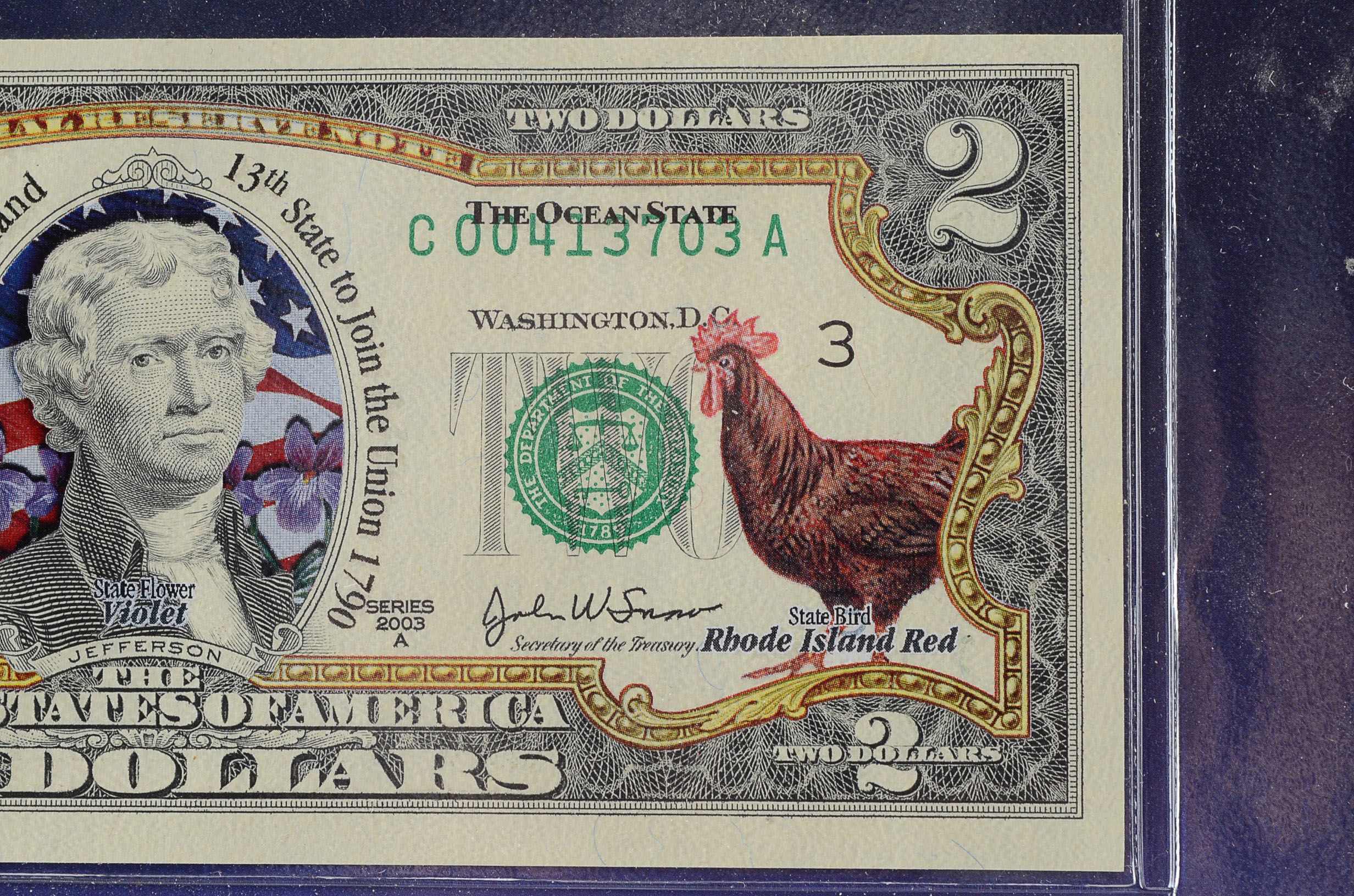 Colorized 2003 U.S. Two Dollar Bill