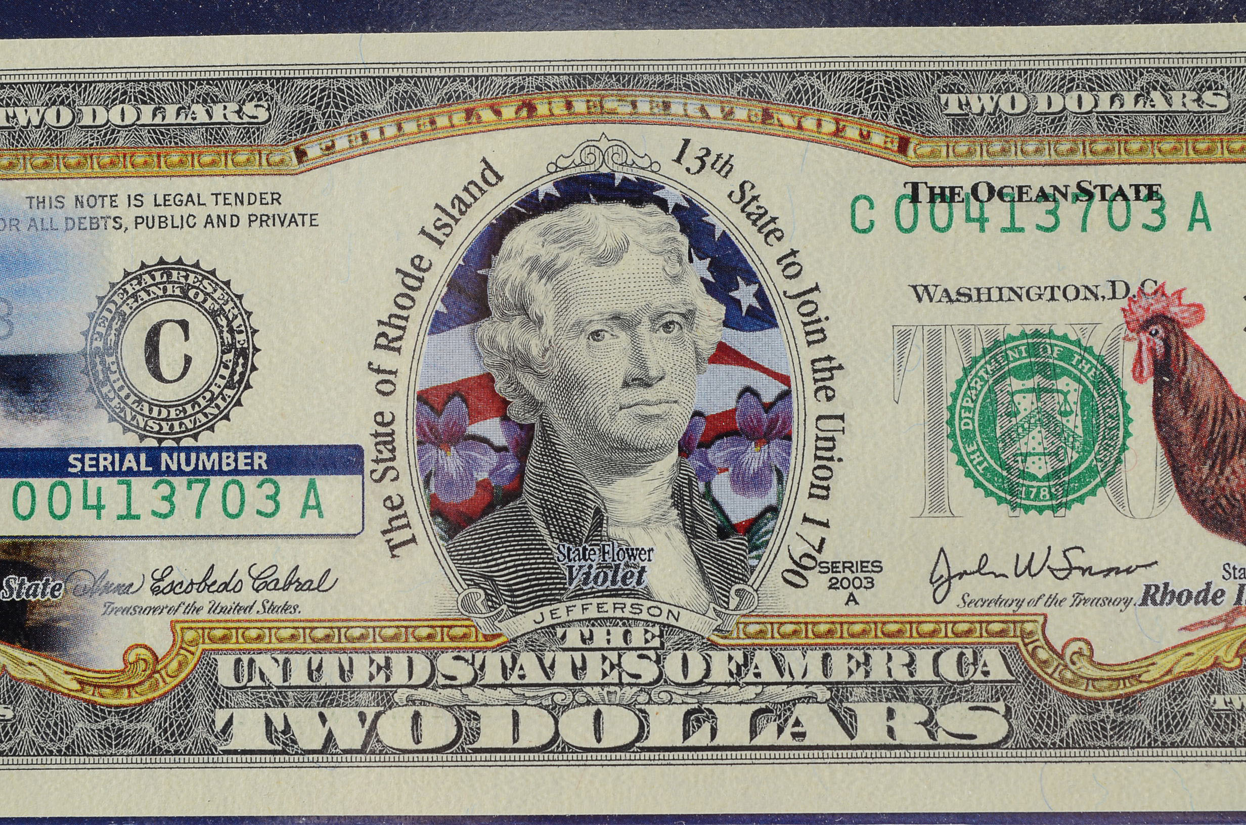 Colorized 2003 U.S. Two Dollar Bill
