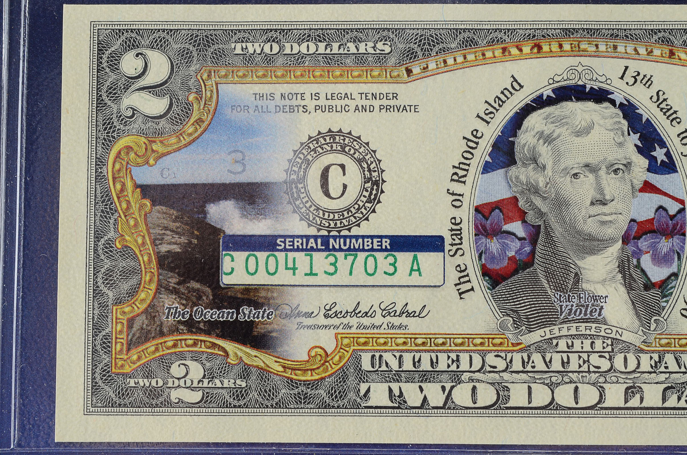 Colorized 2003 U.S. Two Dollar Bill