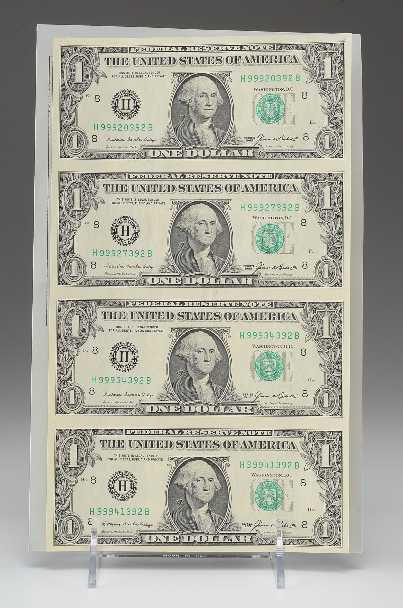 U.S. Mint Uncut One Dollar Bill Sheet